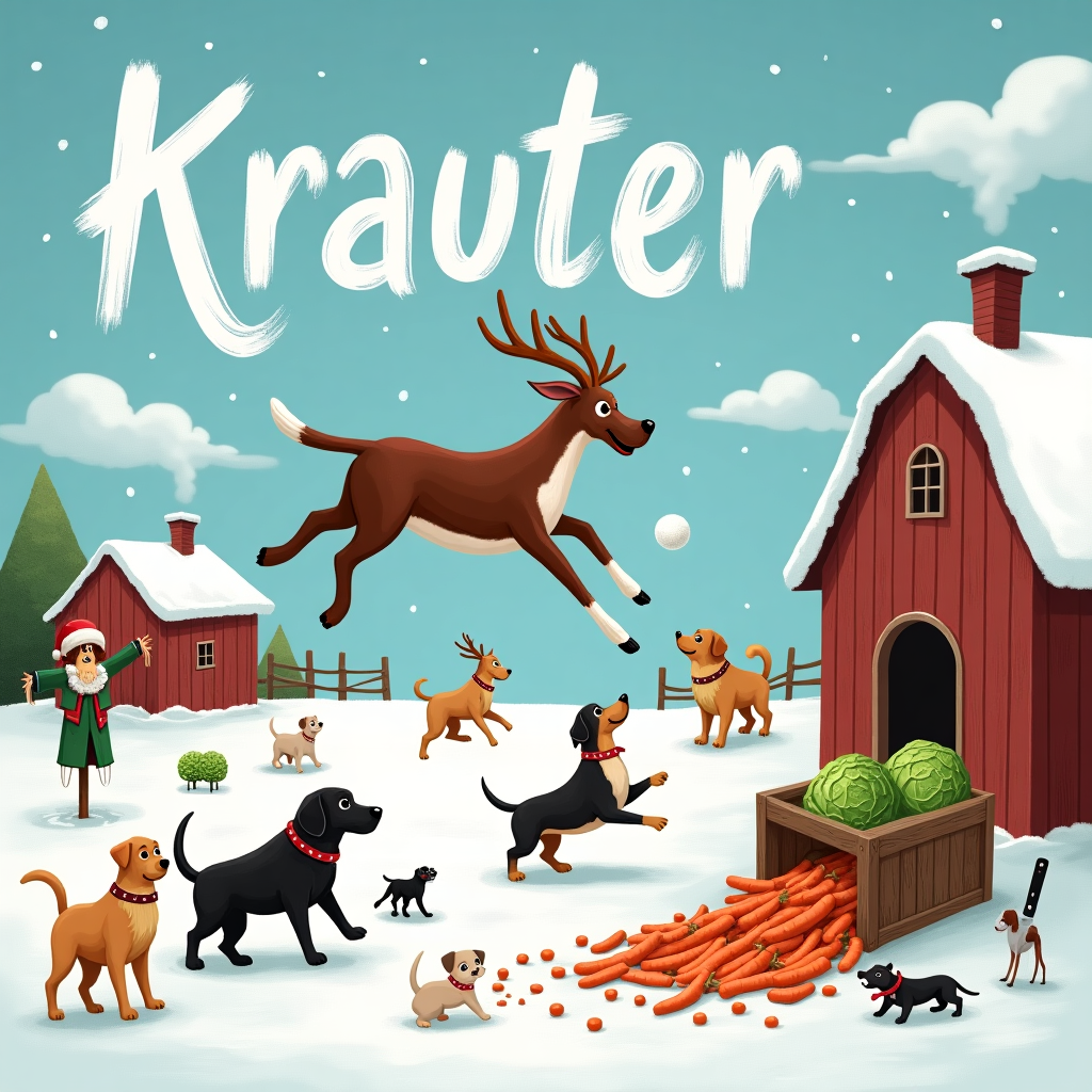 A black dog biting one of Santa's reindeer, Cabbage and carrots, Kitchen knives, Farming, and 8 dogs Christmas Card
