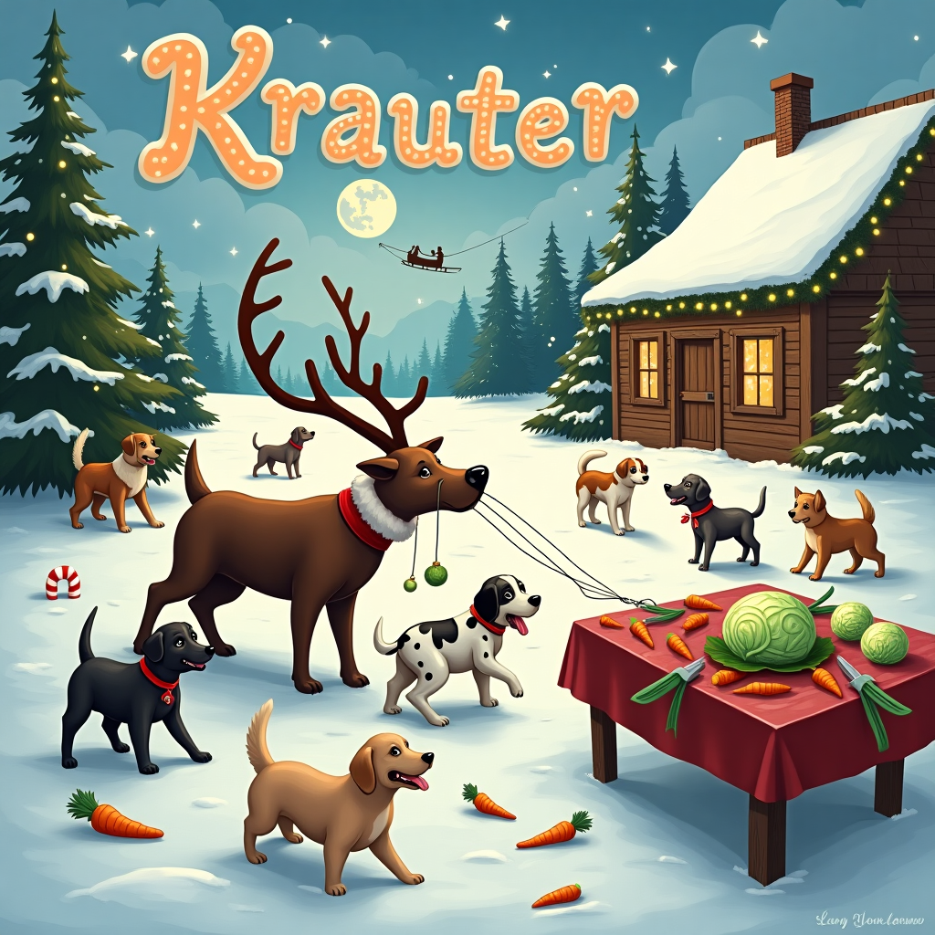 Picture this festive scene: On a snowy farm, a lively Christmas chaos unfolds. In the center, Santa's reindeer, named Blitzen, is having a playful tug-of-war with a mischievous black Labrador. The Labrador has gently nipped Blitzen’s antler, creating a humorous, light-hearted moment. Around them, seven more dogs of various breeds, from a spotted Dalmatian to a fluffy Golden Retriever, frolic joyfully, with some playfully chewing on cabbage leaves and others chasing carrots that have scattered across the snow-dusted ground.

To the right, a wooden farmhouse adorned with twinkling Christmas lights can be seen. Its front yard features a rustic wooden table set with an array of cabbages and carrots, meticulously carved into funny shapes with kitchen knives laid out beside them, showing the handiwork of a festive farmer preparing a holiday feast. In the background, towering pine trees decorated with gleaming ornaments frame the scene.

In the sky, fluffy clouds form the name "Krauter" in whimsical, swirling letters, with the "K" shaped like a candy cane. Above the clouds, a glimpse of Santa's sleigh soaring past the moon adds a touch of magic to this delightful Christmas tableau. The entire scene captures a humorous holiday spirit, bringing together the themes of dogs, farming, and Christmas in a way that is sure to bring a smile to anyone’s face.
Generated with these themes: A black dog biting one of Santa's reindeer, Cabbage and carrots, Kitchen knives, Farming, and 8 dogs.
Made with ❤️ by AI.