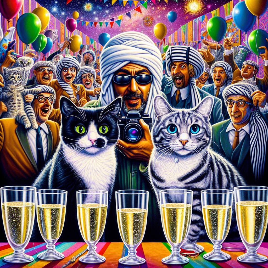 Vibrant image encapsulating a lively birthday party dominated by two eccentric stars: a quirky black and white cat and a playful tabby and white cat. These feline adventurers navigate through an environment adorned with a blend of monochrome and colorful party decorations, their charming activities captured moment by moment by an ever-vigilant Middle-Eastern male photographer, brandishing his camera and capturing their amusing stances. Nearby, an array of sparkling cider-filled glasses. Each one is a transparent vessel of festivities, reflecting the joyous ambiance and serving a buoyant toast to the ongoing celebrations.
Generated with these themes: Black and white cat, Tabby and white cat, Camera, and Cider.
Made with ❤️ by AI.