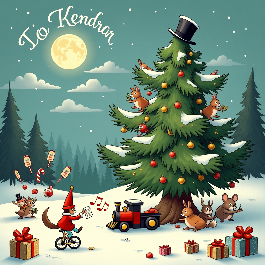 In this whimsical cartoon Christmas scene, inspired by the fantastical imagination of Winsor McCay and the quirky humor of Gary Larson, the setting is a snowy forest clearing where a group of woodland animals are busy decorating an unconventional Christmas tree. The tree, with a trunk resembling the famous dance pose of Fred Astaire, seems to sway rhythmically, as if caught mid-twirl in a holiday jig. Its branches are adorned with glistening snowflakes that look like tiny ballerina tutus, and a sparkling, oversized top hat perches at the tree's peak, doubling as the star.

At the base of the tree, a band of cheerful critters, including a squirrel wearing a monocle and top hat, and a rabbit in a bowtie, are carefully hanging ornaments that look like miniature musical instruments – violins, trumpets, and even a tiny grand piano. To the left, a family of owls, sporting stylish bowler hats, hoot a carol while holding sheet music printed on holly leaves.

Suspended in the sky above the tree, clouds twist and curl to form the name "Kendra" in elegant, wispy script, like a sky-written message from Santa himself. A full moon casts a soft glow, illuminating the snowy landscape with a silvery light. Nearby, a tiny, vintage train set chugs around the tree's base, its smoke stack puffing out whimsical rings that also spell out "Kendra" as it circles.

In the foreground, a mischievous little elf, clad in a suit reminiscent of classic 1920s comic strips, is balancing on a unicycle, juggling candy canes, each featuring a cartoon character face from different classic animations. On the ground, scattered gift boxes wrapped in bright, patterned papers and topped with oversized, shiny bows await opening, each label tagged with “To Kendra” in a playful script.

The scene is a lively, festive tableau that blends vintage charm with modern whimsy, a nod to the creative inspirations of the past, and a merry Christmas wish to Kendra.
Generated with these themes: turned into a christmas tree .
Made with ❤️ by AI.