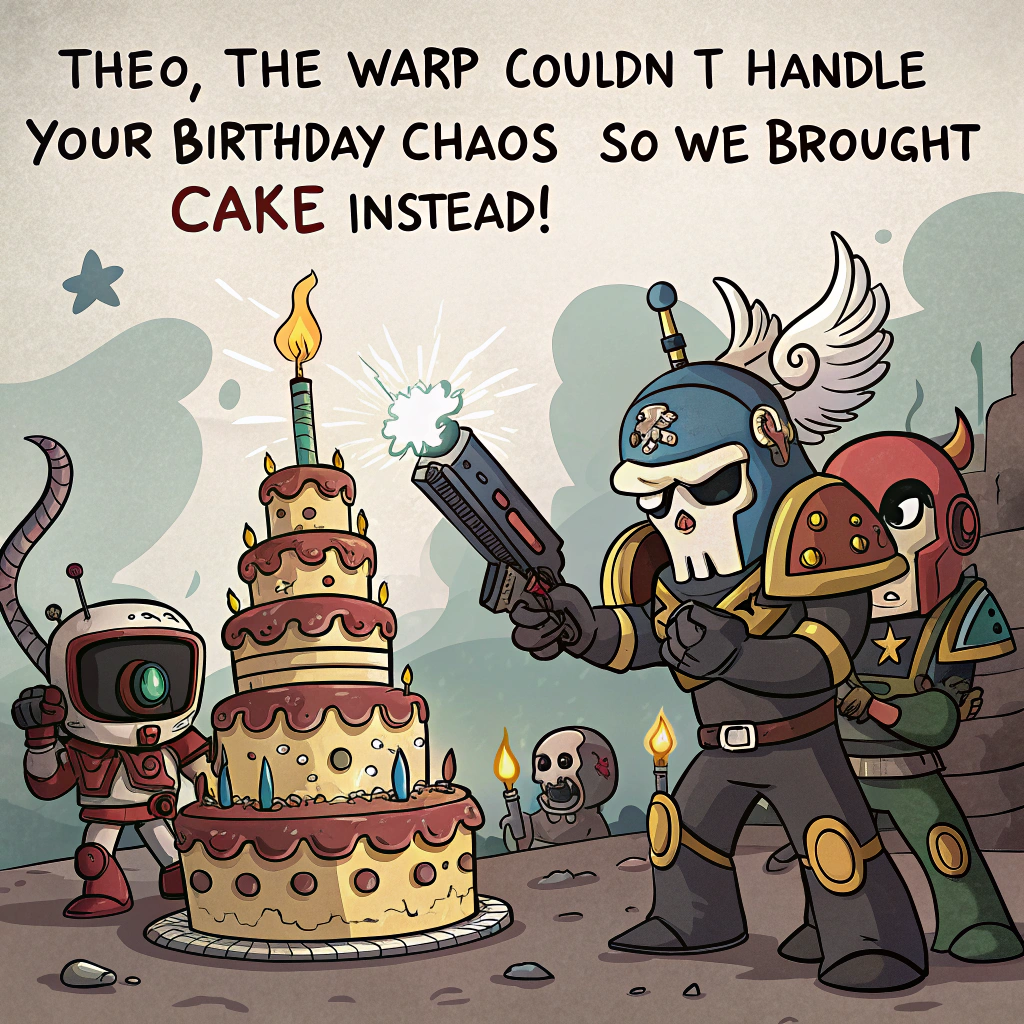 At the top of the image, "Theo, the Warp couldn’t handle your birthday chaos—so we brought cake instead!"

- In the center of the image, show a cartoon-style squad of goofy Chaos Space Marines decked out in hilariously party-modified armor: one has a horned helmet replaced with a glittery party hat, another is dual-wielding balloon swords, and a third is trying (and failing) to light candles on a towering birthday cake with a flamethrower.

- The cake itself has multiple tiers shaped like a skull, with pink frosting and sprinkles. A small, grumpy-looking Daemonette is stuck inside the cake popping out like a party popper, clearly annoyed.

- A speech bubble from a Chaos Sorcerer says: “Behold, Theo's true destiny… cake devourer of worlds!”

- Background elements include banners with “Happy Heretical Birthday” written in jagged Gothic script and a floating Eye of Terror-shaped piñata.

- Overall color palette is dark with silly pops of neon and glitter to emphasize the contrast between chaos and celebration.
Generated with these themes: Warhammer chaos space marines.
Made with ❤️ by AI.