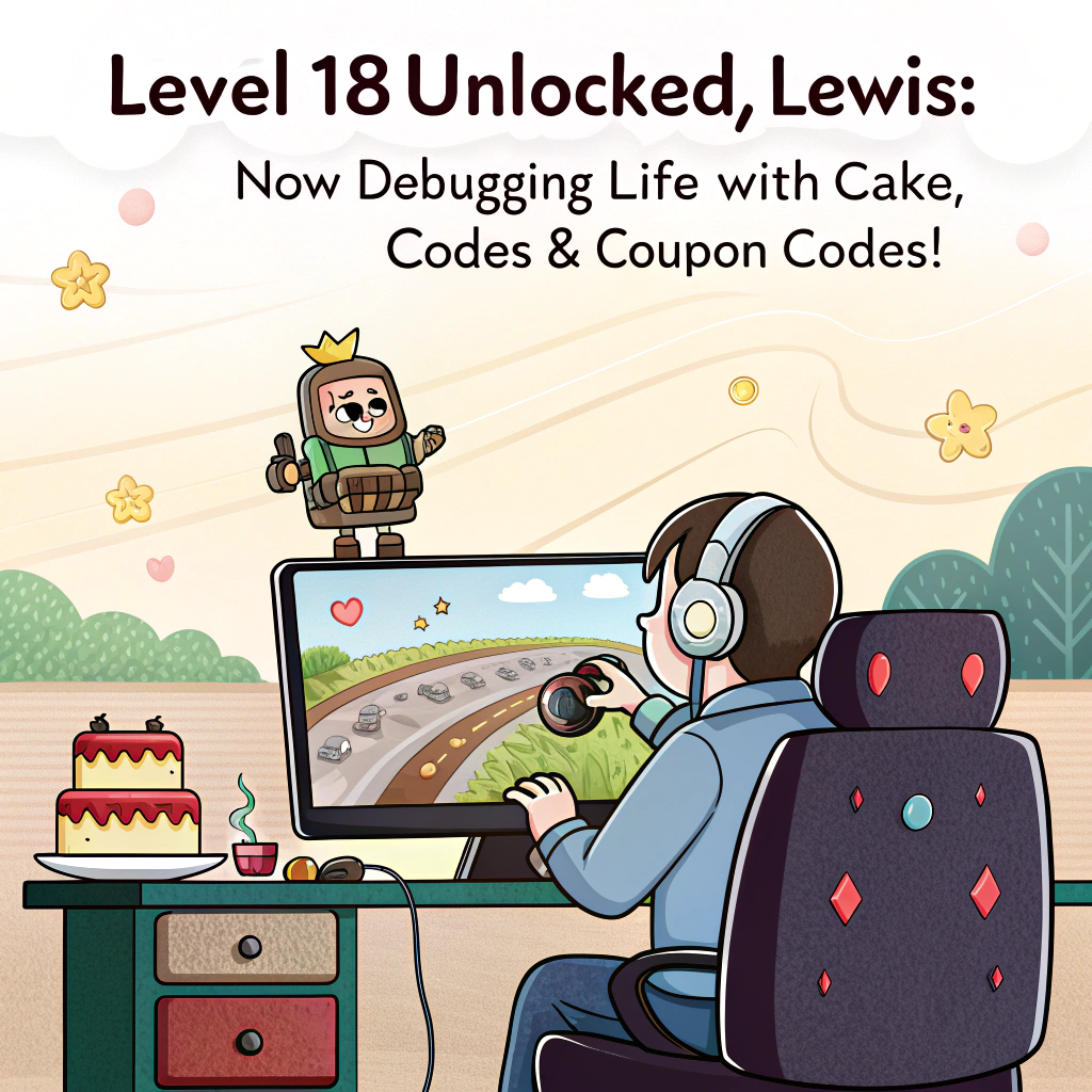 At the top of the image, "Level 18 Unlocked, Lewis: Now Debugging Life with Cake, Codes & Coupon Codes!"

- In the center of the image, illustrate a quirky cartoon scene of Lewis in his gaming chair at a dual-screen setup.  
- One screen displays lines of buggy birthday-themed code ("if (cake == empty) { refill(); }"), while the other shows him winning a pixelated cooking game called "ChefQuest: Buffet Boss" — he's earned an in-game badge that says "MVP: Most Valuable Pasta."  
- Around him are shelves packed with ramen noodles, fancy cheeses, and discount labels stuck on artisan bread.  
- On his head sits a party hat made from folded receipts, and a birthday cake with a glowing “18” candle is resting precariously on top of a closed laptop labeled “Do Not Open — Final Boss Inside.”  
- Floating coins with tiny pound symbols are scattered around like a Mario level, and one of them is bouncing off his forehead as he smiles.

Add at the bottom of the image: “Press X to Eat Cake. Press Y to Pretend You're a Grown-Up.”
Generated with these themes: Gaming, Coding, Nice Food, Saving money, and 18th Birthday.
Made with ❤️ by AI.