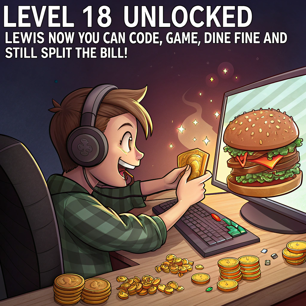 At the top of the image, "Level 18 Unlocked, Lewis – Now You Can Code, Game, Dine Fine AND Still Split the Bill!"

- In the center of the image, illustrate a cartoon-style scene where Lewis is wearing oversized gamer headphones, one hand on a keyboard furiously typing code, the other holding a massive triple-cheese burger with glowing LED lights around it.  
- He's seated at a custom-built PC desk shaped like a piggy bank, with coins and snacks flying everywhere.  
- On the screen is a game that says "Adulting Simulator 2024: DLC – Budgeting & Burritos".  
- There’s a "Mission Complete" banner floating over his head with confetti.  
- In the background, two friends high-five while carrying bags labeled “B.Y.O.Food” and “Code & Curry Club”.
Generated with these themes: Gaming, Coding, Nice Food, Saving money, and 18th Birthday.
Made with ❤️ by AI.