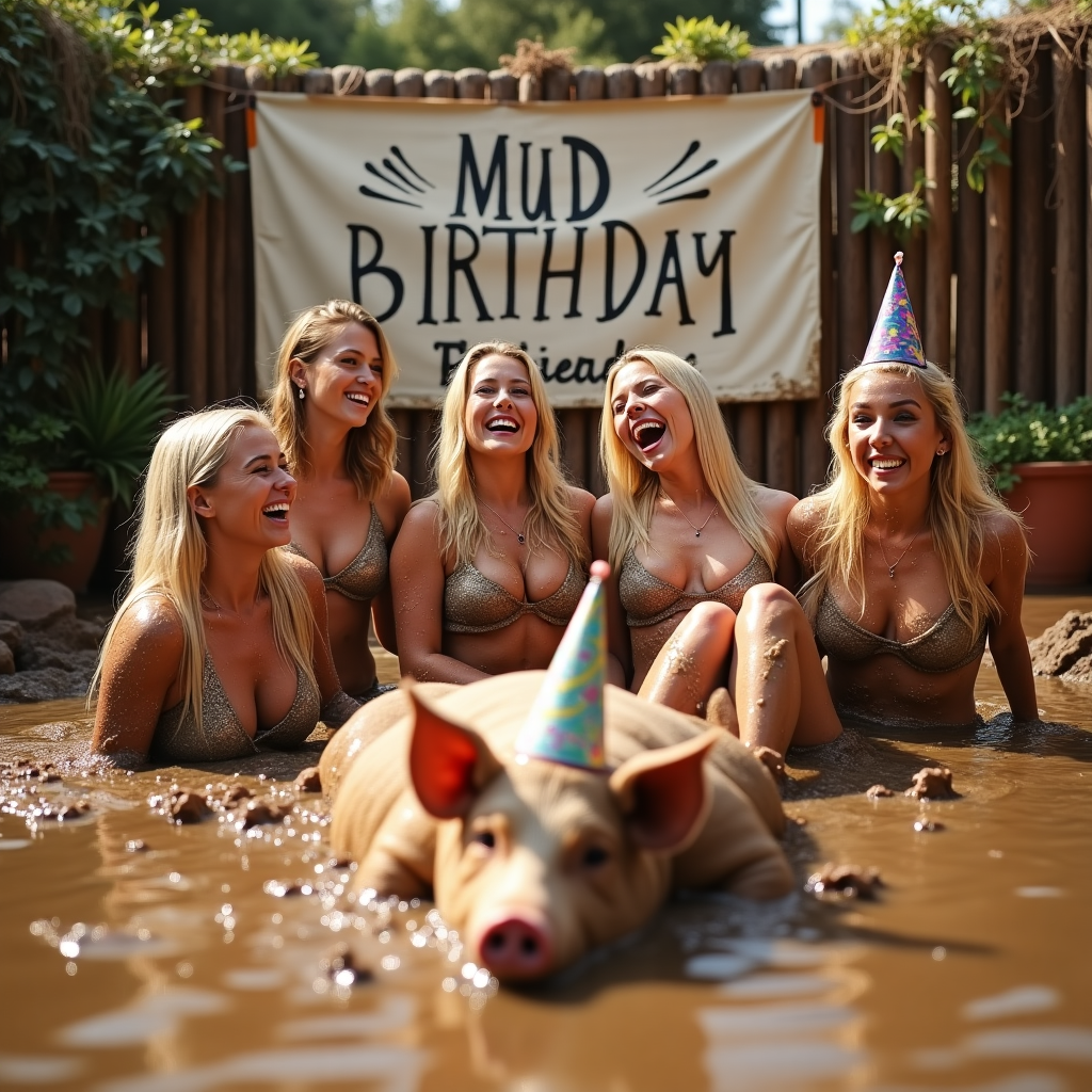 Blonde Bikini Girls, and Mud Bath Humiliation Birthday Card