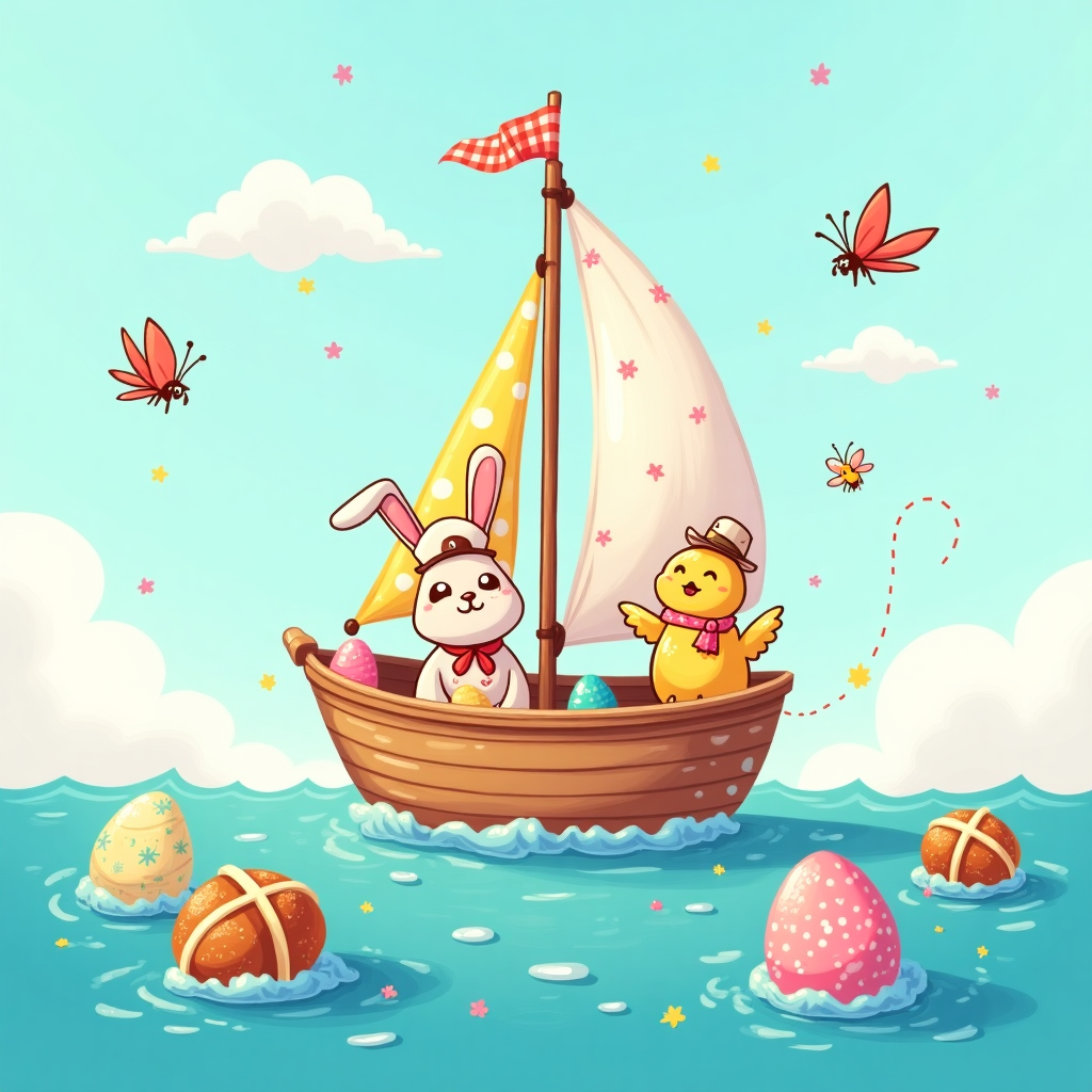 Sailing yacht, surrounded by Easter eggs, hot cross buns, Easter themed, friendly and sailing related. Easter Card