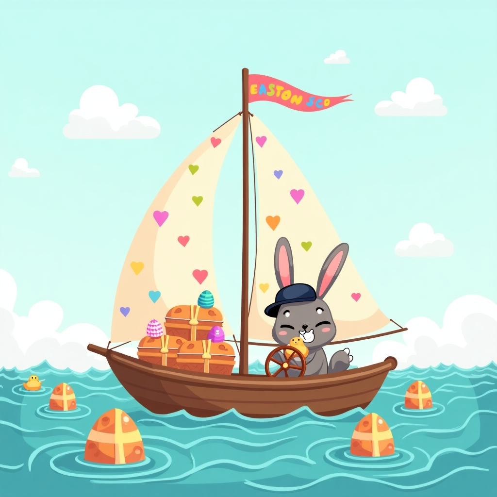 At the top of the cartoon image: **"Happy Easter Everyone – Let’s sail into a sea of chocolate and buns!"**

**Prompt for the image:**

A cute cartoon sailing yacht is cruising through a pastel-colored sea made entirely of swirly frosting waves, scattered with bobbing, rainbow-decorated Easter eggs like buoys. The boat's sails are patchworked with bunny ears, tulip patterns, and tiny chick prints. The captain is an adorable bunny wearing a sailor hat, joyfully steering with one paw and munching on a hot cross bun with the other. On deck, there are stacks of more hot cross buns like treasure chests, with happy little chicks popping out. A colorful Easter banner flutters in the wind from the mast, and jelly bean fish leap out of the frosting waves alongside the yacht. The sky above is a soft baby blue with fluffy marshmallow-like clouds, some shaped like bunnies and eggs, drifting peacefully. The overall tone is cute, friendly, and packed with cheeky Easter charm with nautical fun.
Generated with these themes: Sailing yacht, surrounded by Easter eggs, hot cross buns, Easter themed, friendly and sailing related..
Made with ❤️ by AI.
