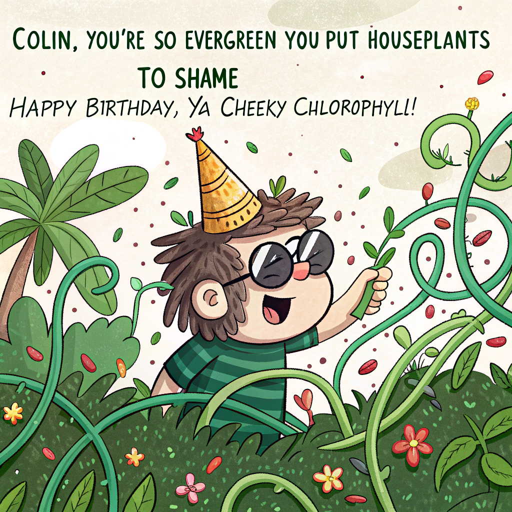 At the top of the image, "Colin, you're so evergreen you put houseplants to shame – Happy Birthday, ya cheeky chlorophyll!"

– Illustrate a hilariously overgrown cartoon Colin peeking out from a tangled mess of vibrant green birthday vines and confetti leaves, wearing a party hat made of moss and holding a slice of cake shaped like a fern.  
– Background filled with cheeky dancing cacti and party animal succulents wearing sunglasses, celebrating wildly in a jungle-like birthday bash scene.  
– "Happy Birthday" lettering swings like a banner strung between two dancing palm trees above the jungle scene, with little monkeys in party hats dangling from it.
Generated with these themes: Happy Birthday lettering, and Green.
Made with ❤️ by AI.