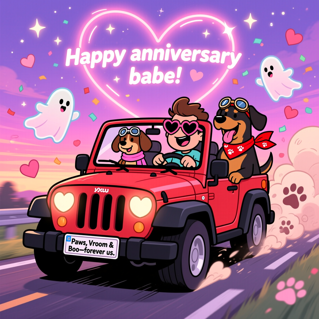 Jeep, rotweiller, dachshund, me, ghosts, and Anniversary Card