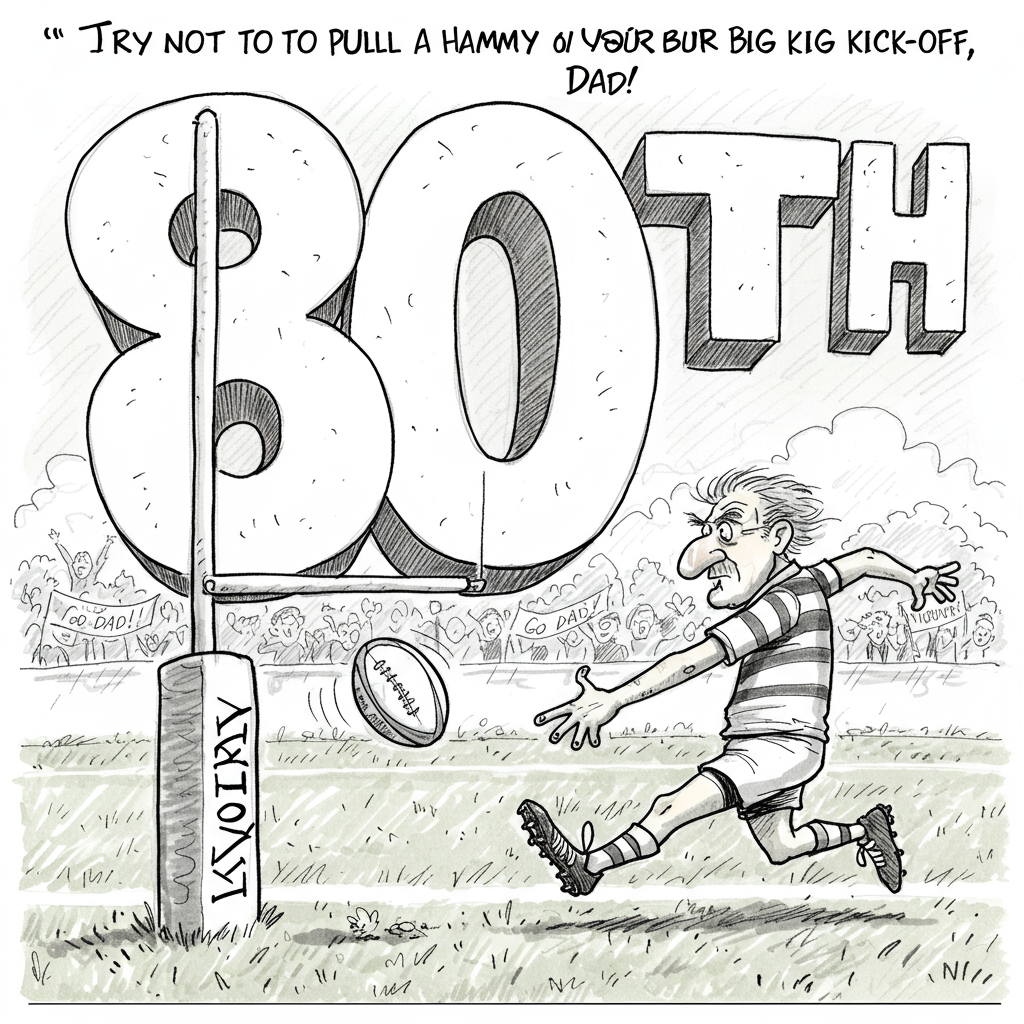 **Prompt:**
At the top of the cartoon image, write: *"Try not to pull a hammy on your big kick-off, Dad!"*
Create a funny birthday-themed cartoon illustration in a rough pencil sketch style. The central focus of the image is large blocky letters reading **“80TH”**, dominating most of the page. The **“H”** is creatively formed as a set of rugby goalposts.
In the foreground, a quirky, slightly scruffy cartoon rugby player (mid-60s with grey tufts of hair, a slightly oversized rugby shirt, and knobbly knees) is in mid-action, booting a rugby ball toward the “H” goalposts. The rugby ball is frozen in mid-air, halfway between the kicker and the “H”.
Add exaggerated motion lines behind the ball and player to heighten the comic effect. The background can be simple, suggesting a grassy rugby pitch, with some doodled spectators cheering on (optionally holding tiny “Go Dad!” banners). Give everything a fun, slightly chaotic pencil sketch aesthetic to add to the cheeky, humorous tone.
Generated with these themes: Large letters "80TH" which take up most of the page where the "H" is a set of rugby goalposts. A cartoon sketch (in a rough pencil sketch style) rugby player, in the foreground, kicking a rugby ball through the "H". The rugby ball is halfway between the rugby player and the "H".
Made with ❤️ by AI.
