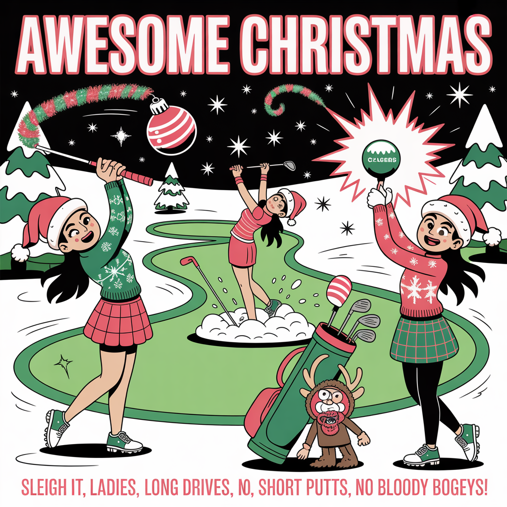 At the top of the Cartoon Style image, "Awesome Christmas "
At the bottom of the image, "Sleigh it, ladies—long drives, short putts, no bloody bogeys!"

In the center, a snowy, neon-bright golf fairway bursting with holiday chaos:
- A diverse trio of playful cartoon women golfers with exaggerated proportions, thick black outlines, and big expressive faces. They wear over-the-top ugly Christmas sweaters, Santa hats, and tartan skirts over winter leggings.
- Left: One golfer unleashes a huge candy-cane–striped drive, smashing a shiny red ornament-ball that zips off with a glittering tinsel trail and starbursts.
- Right: Another blasts out of a snow-filled bunker, erupting a geyser of sparkling snow while a goofy reindeer caddy in earmuffs staggers under a tinsel-wrapped golf bag.
- Center: A third golfer does a triumphant, sassy victory pose with her putter held high and a cheeky wink, kicking up powdery snow.
- The green is shaped like a wreath with a candy-cane flagstick; jingle-bell tee markers, pine trees strung with twinkly lights, and a sleigh-styled golf cart add festive flair.
- Palette and finish: bright saturated reds/greens/icy blues, bold cel shading, dynamic swooshes and motion lines, whimsical, energetic poses, and a crisp winter glow.
Generated with these themes: Ladies golf, and .
Made with ❤️ by AI.