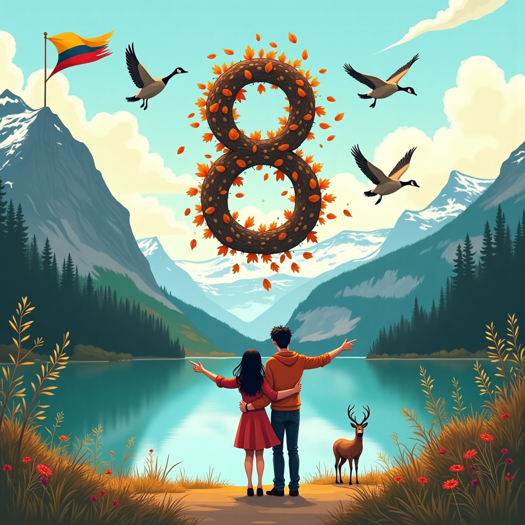 We are a couple celebrating our 8th wedding anniversary in Canada. Create a background blending Colombian and Canadian landscapes with mountains and a lake. Include the number 8 on the card, with us pointing to it—she’s shorter with black hair, and I’m a bit taller with black hair as well., and Show canada geese flying, ans also show the Colombian flag in a corners with a deer somewhere in the background Anniversary Card