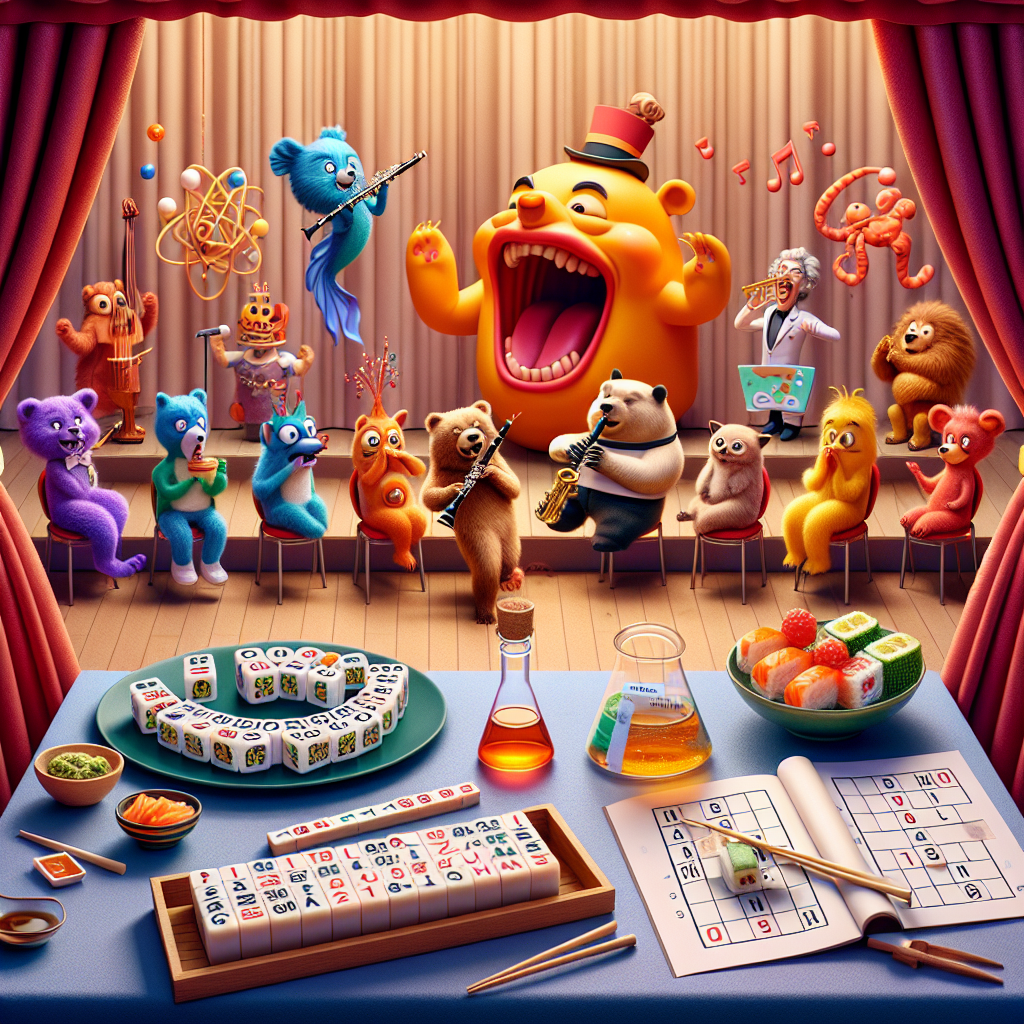 Clarinet, mahjong, sudoku, sushi, magikarp, chemistry, and Theatre Birthday Card