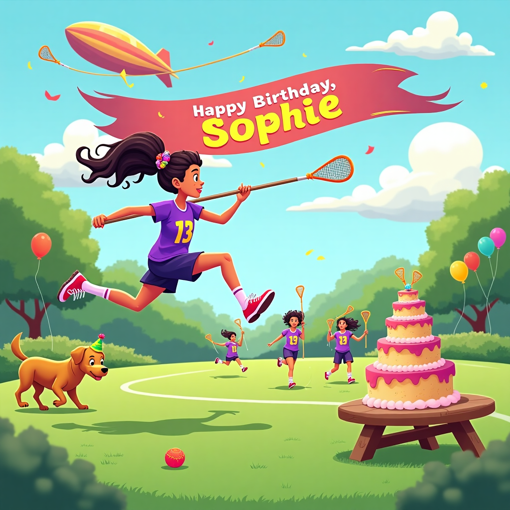 In a whimsical and vibrant lacrosse-themed birthday scene for Sophie, imagine a sunny park where a teenage girl, with her wild, curly hair tied back in a colorful scrunchie, is caught mid-air in a heroic leap, wielding her lacrosse stick like a knight's sword. Her jersey is vividly emblazoned with the number "13" in bold purple, standing out against the grassy field. Nearby, a lively group of teammates is in various playful poses, some balancing lacrosse balls on their heads, others stacking them in a playful pyramid. To the side, a multi-layered birthday cake shaped like a lacrosse field sits on a picnic table, decorated with mini lacrosse sticks made of sugar. Above, an animated blimp soars in the sky, trailing a massive banner that reads "Happy Birthday, Sophie!" in bright, bubbly letters that twinkle as if kissed by the sun. The clouds themselves are whimsically shaped like lacrosse sticks and balls, adding a quirky touch to the sky. On the ground, a lively golden retriever, wearing a little birthday hat, chases after a rogue lacrosse ball, while balloons in the shape of lacrosse sticks float joyously around the scene. Each detail adds a layer of fun and personality to this unique birthday celebration for Sophie.
Generated with these themes: Teenage girl playing lacrosse, and Lacrosse.
Made with ❤️ by AI.