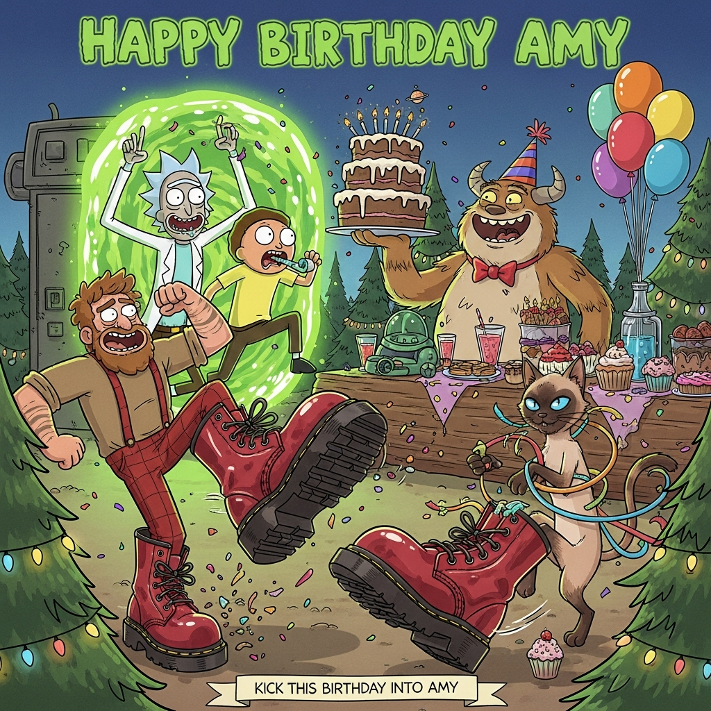 At the top of the Cartoon Style image, “Happy Birthday Amy” in bold, wobbly neon‑green portal lettering.

A playful, funny, high-energy cartoon scene bursting with color: In the background, a glowing lime-green portal crackles open as Rick (spiky blue hair, lab coat, mischievous grin, a dribble on his chin) and Morty (wide-eyed, yellow tee, party horn in his mouth) tumble out with confetti spraying. Beside them, the Hormone Monster (big fuzzy tan-brown fur, horns, bushy brows) beams a goofy, PG-friendly smile, wearing a cone party hat and red bow tie while proudly presenting an absurdly tall birthday cake topped with tiny planet candles. In the foreground, a burly, bearded lumberjack in red plaid and suspenders does an exaggerated high-knee dance, showing off oversized, glossy cherry-red Doc Martens boots—huge soles, bouncy laces, super shiny—sprinkles pinging off them mid-stomp. An all-ginger Siamese cat (slender, big ears, bright blue eyes, orange from nose to tail) teeters in another pair of comically large black Doc Martens, tangled in rainbow streamers, smugly batting at a cupcake. Pine trees draped with fairy lights frame a rustic log “table” piled with sci‑fi snacks and glowing punch; balloons, confetti bursts, and zippy motion lines fill the air. Exaggerated proportions, thick black outlines, cel shading, and bright saturated colors (neon greens, electric blues, hot pinks, sunny oranges, cherry reds). Low, wide-angle perspective to emphasize the boots and chaotic party energy. Keep the vibe goofy, wholesome, and PG.

Add a single cheeky caption at the bottom on a small ribbon banner: “Kick this birthday into another dimension!”
Generated with these themes: Doc Martin Boots, Rick and Morty, Big mouth TV show specifically the hormone monster, An all Ginger siamese cat, Lumber jack with a beard , and .
Made with ❤️ by AI.