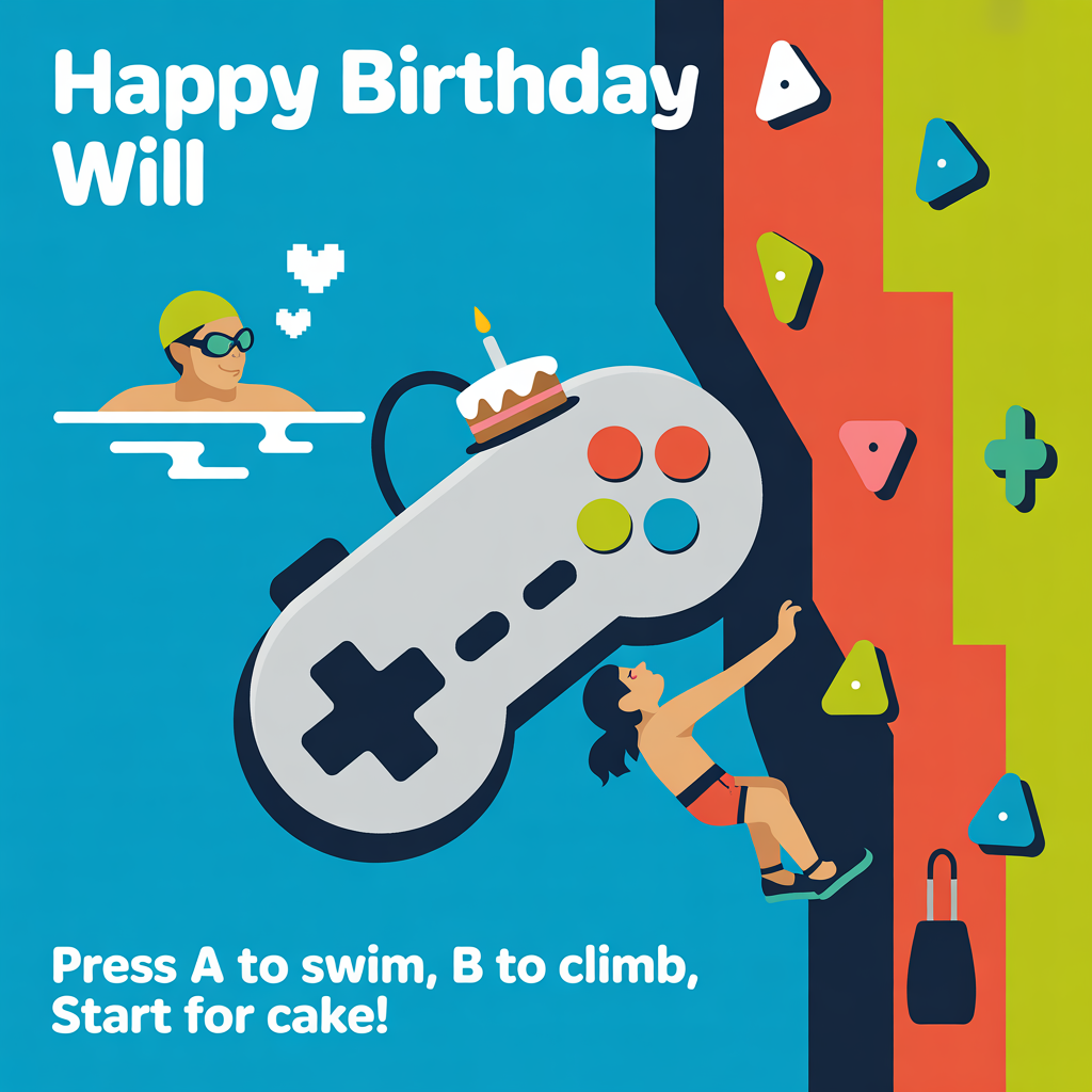 Swimming, climbing, gaming, and Birthday Card