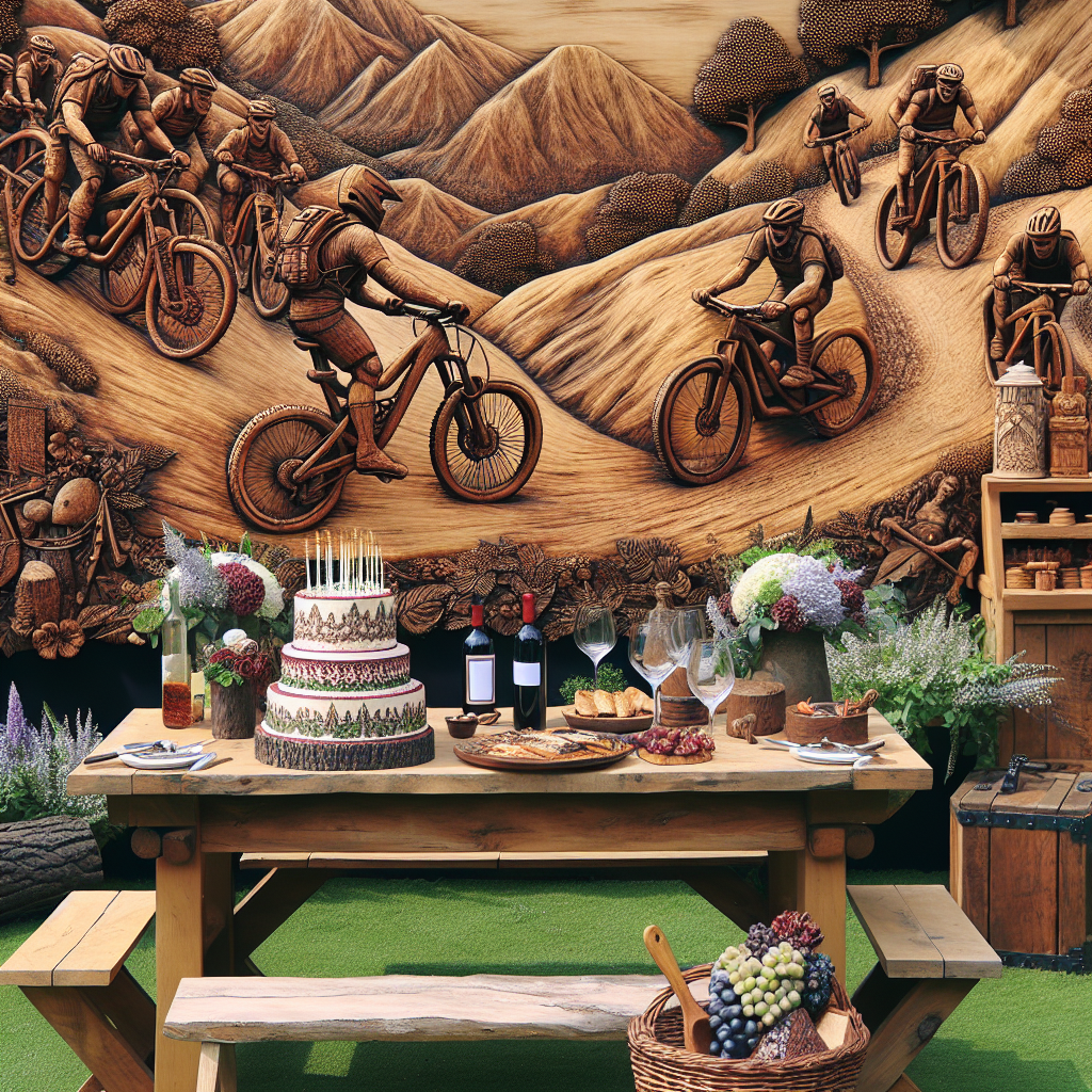 Visualize an idyllic outdoor birthday celebration scene. The background should feature intricate wooden carvings of mountain bikers traversing a hilly terrain, emphasizing the adventurous nature of the event. The centerpiece is a rustic barbecue setup that radiates a homely appeal. A picnic table stands, adorned with items that reflect the celebratory occasion, such as a richly decorated birthday cake and wine glasses. The table decorations should subtly incorporate decorative elements of vines and grapes to highlight the host's interest in wine. The scene should emanate warmth, contentment, and the vibrant energy of nature.
Generated with these themes: Woodwork, BBQ, Mountain Biking, and Wine.
Made with ❤️ by AI.