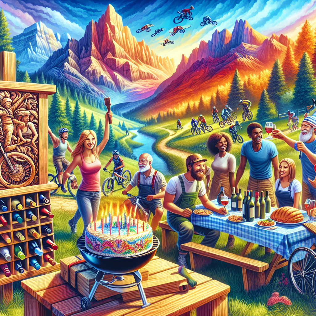 Create an image capturing a joyful birthday scene set in a colorful and radiant clearing surrounded by awe-inspiring mountains. A wooden sign, intricately carved with images of mountain biking riders, stands as a welcoming gesture to a festive BBQ gathering. A diverse group of cheerful individuals, both males and females of varying descents such as Caucasians, Hispanics, Blacks, Middle-Eastern, and South Asians, are congregating around a barbecue grill where appetizing edibles are being cooked. A sturdy wooden wine rack, stocked with an assortment of fine wine bottles, is positioned next to a handcrafted wooden table. This table is adorned with a mouthwatering birthday cake, anticipating the celebratory toast for the day's adventurer.
Generated with these themes: Woodwork, BBQ, Mountain Biking, and Wine.
Made with ❤️ by AI.