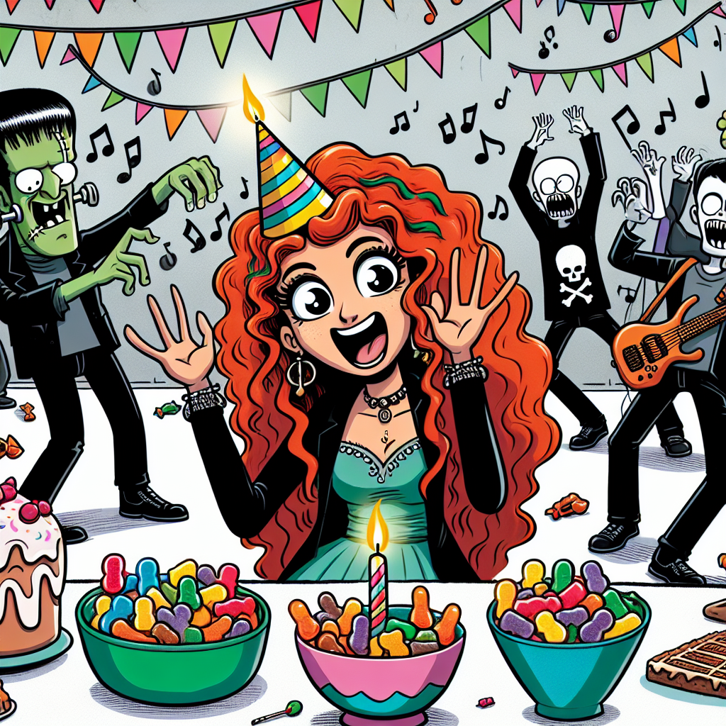 Create a lively and whimsical birthday cartoon scene with a black metal twist. Visualize a grand, Frankenstein-themed birthday party where the unmistakable Frankenstein monster, adorned in a festive party hat, is the host. Include a South Asian lady with ginger hair portrayed in vivid, exaggerated cartoon style, energetically dancing and laughing among the other party-goers. The merriment is so palpable it's as if her laughter resonates off the page. Include bowls of assorted, brightly colored gummy candies scattered throughout the scene, with some in the shapes of musical notes and guitars to represent the black metal theme.
Generated with these themes: Black metal, Frankenstein, Ginger lady, and Haribo.
Made with ❤️ by AI.