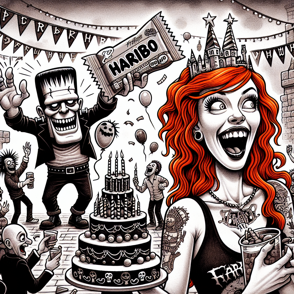 Picture a lively birthday party happening in a humorous interpretation of Frankenstein's castle, cartoonish yet detailed with thick, defined lines, evocative of black metal band logos. A Caucasian woman with red hair, holding an exaggeratedly large Haribo candy, is laughing in merriment as she mixes with other guests. Items like the birthday cake and party favours are styled with gothic fonts and symbols commonly seen in black metal band art. In the middle of the cheerful pandemonium, a joyful character resembling Frankenstein is spotted, wearing a birthday crown.
Generated with these themes: Black metal, Frankenstein, Ginger lady, and Haribo.
Made with ❤️ by AI.