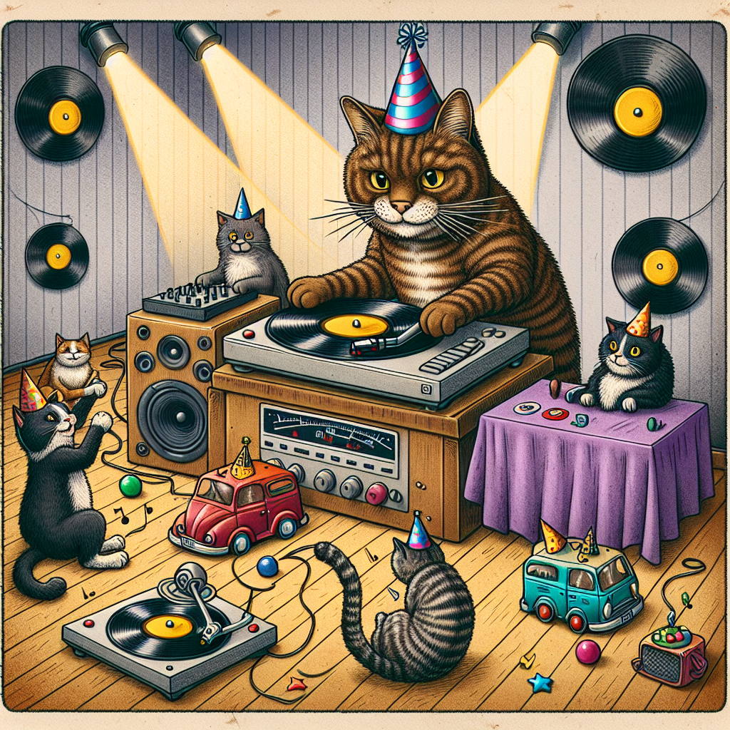 Brown tabby cat, Black and white cat, Hii-fi, Records, Trucks, and UFOs Birthday Card