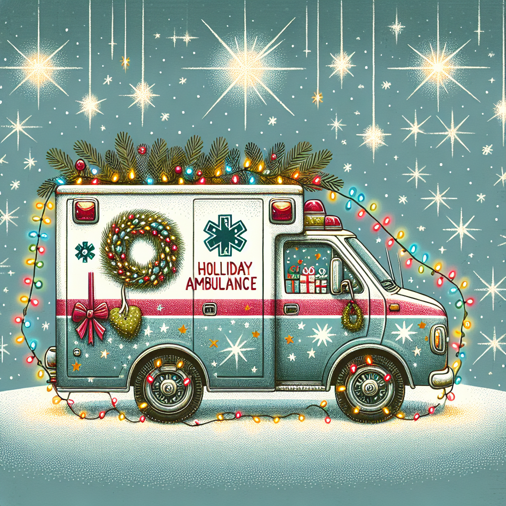 A whimsical Christmas-themed illustration depicts a festively decorated ambulance, known as 'Ambulanza albero di natale,' parked under a twinkling starlit sky. The ambulance is adorned with a string of colorful lights and a wreath, with its doors open revealing a cozy interior with gifts and a small Christmas tree.
Generated with these themes: Ambulanza albero di natale.
Made with ❤️ by AI.