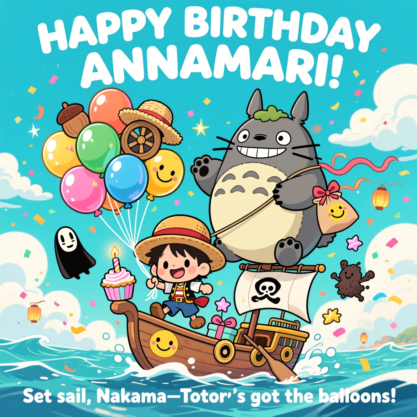 ONE PIECE, STUDIO GHIBLI, BALLOONS, and Birthday Card