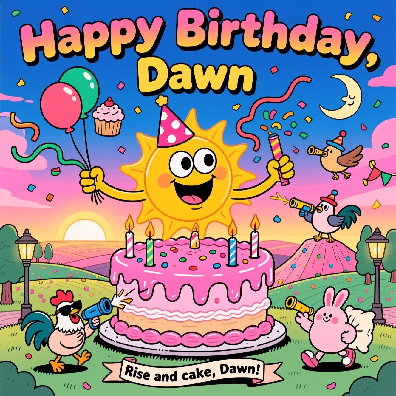 At the top of the Cartoon Style image, "Happy Birthday, Dawn" in big, bubbly sunrise-gradient letters with a bold thick outline

Playful, funny cartoon scene at sunrise: a gigantic, grinning sun with googly eyes and a polka-dot party hat is popping up from behind a horizon made of a colossal, pink-frosted birthday cake. The cake-horizon has drippy icing cliffs, sprinkle-speckled fields, and tall, waxy candle “trees” flickering like tiny streetlamps. The sun’s noodly ray-arms stretch across the sky, each holding a party prop—balloon, cupcake, confetti popper, streamer—posing in energetic, goofy gestures. A cool rooster in sunglasses fires a confetti cannon from a sprinkle hill; chubby birds in hats swoop by with kazoos; a sleepy crescent moon in bunny slippers tiptoes off the edge of the sky, carrying a pillow.

The sky glows from deep indigo at the corners to hot pink, peach, and golden yellow near the cake-horizon. Bright, saturated palette, thick black outlines, simple cel shading with glossy highlights. Exaggerated proportions, squishy shapes, and big expressive faces. Composition leaves generous sky space for the top text; the characters are lively and whimsical, bursting with birthday energy.

At the bottom, a small wavy ribbon banner reads: “Rise and cake, Dawn!” in chunky, playful lettering.
Generated with these themes: Sunrise, and .
Made with ❤️ by AI.