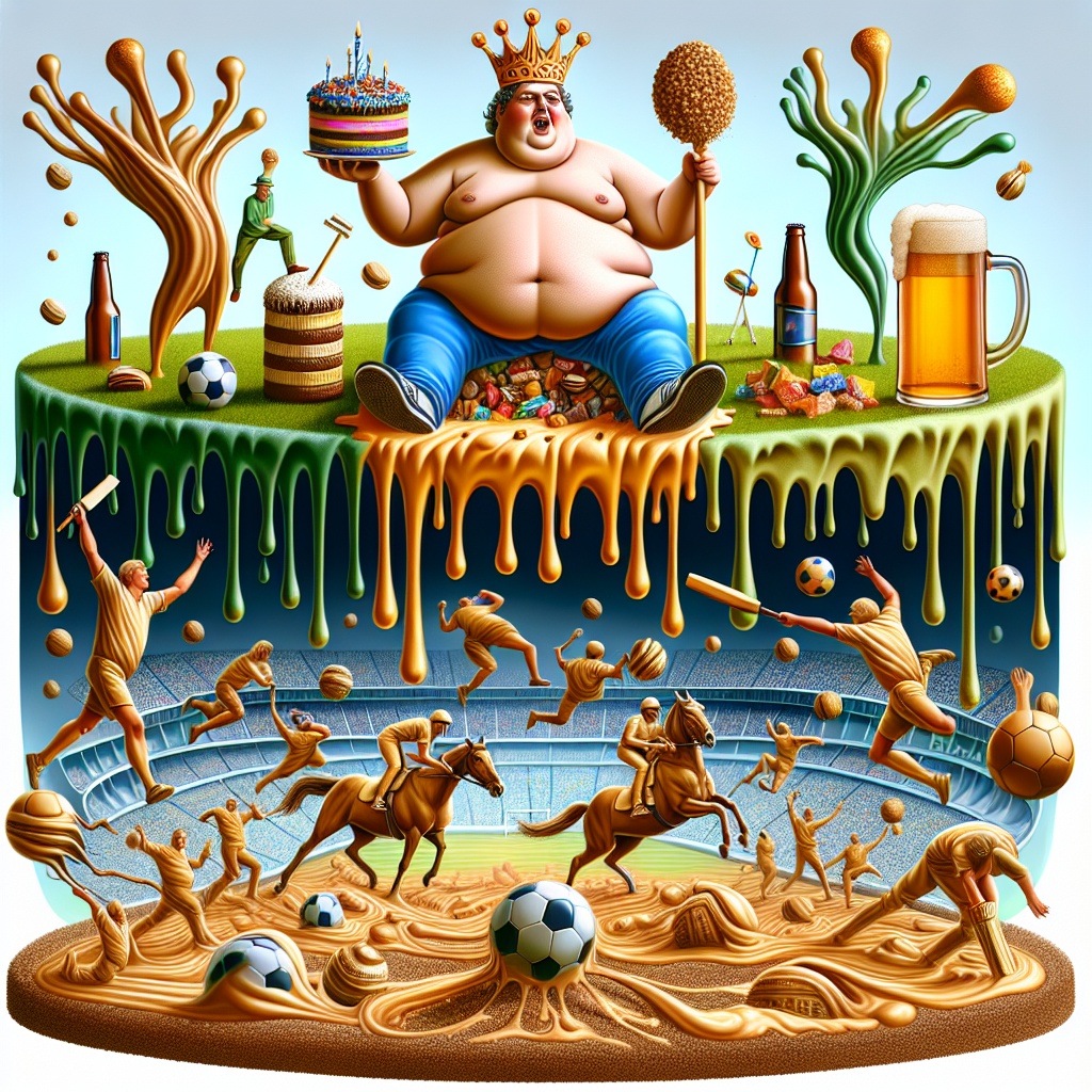 Create a unique birthday illustration where a plump Caucasian man is seated majestically on top of a melting landscape made entirely of sweets, wearing a crown composed of hops and barley. Underneath him, the base of this eccentric kingdom is shaped from beer bottles. Within this domain, soccer balls rhythmically bounce in tune with heartbeats. Cricket is being played by unusually stretched figures casting surreal shadows. Far away from this sporting scenery, horse races disintegrate into an explosion of kaleidoscopic visuals. These scatter within the roaring applause of a crowd that is out of sight.
Generated with these themes: Beer, Soccer, Cricket, Horse racing, and Fat man.
Made with ❤️ by AI.