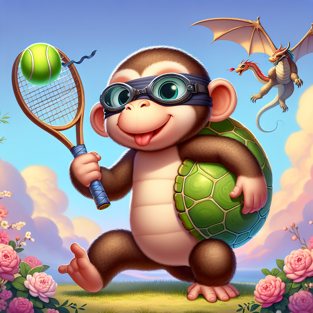 Illustrate a joyful cartoon scene featuring an endearing monkey with a playful demeanor. This unique monkey is accessorized with traditional ninja eyewear and caries a robust tortoise shell on its back. The monkey effortlessly handles a tennis racket in one hand and a bright, gleaming sword in the other, demonstrating its adaptability and readiness for both fun and adventure. The backdrop is a canvas of soft pastel shades. Upon closer inspection, no one can miss the elegant medieval dragon soaring silently in the distant skies. This dreamy scenario is set to commemorate the birth of a new baby.
Generated with these themes: Monkey wearing ninja eyewear and a tortoise shell, holding both a tennis racket and sword and there is a medieval style dragon in the very distant background.
Made with ❤️ by AI.