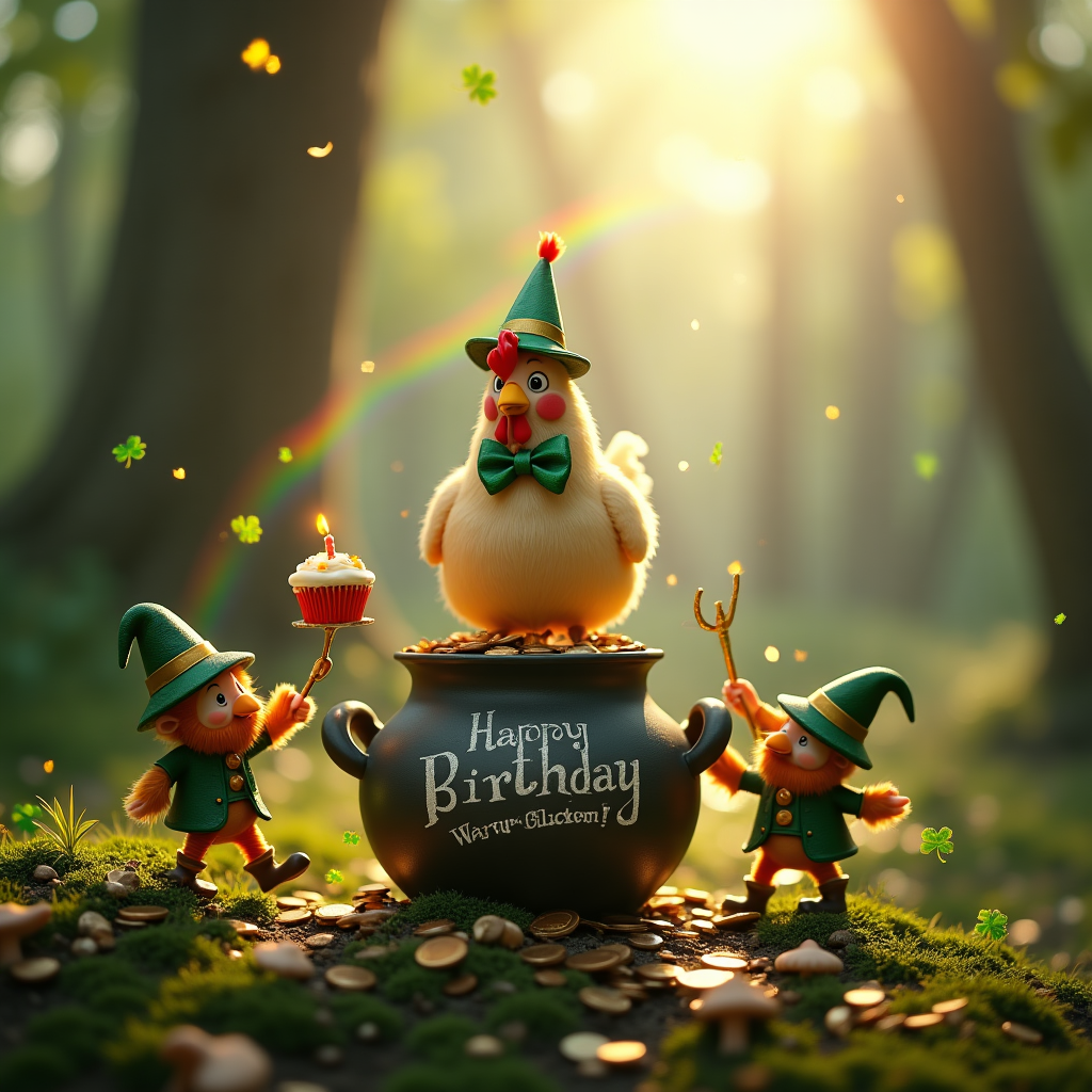 At the top of the Photorealistic picture taken from a camera image, the text "Happy Birthday Chicken" in playful hand-painted white lettering with a thin shamrock-green outline, gently arced along a faint rainbow.

Ultra-high-definition 4K UHD, photorealistic camera shot in a sun-dappled Irish forest clearing after rain. A cast-iron pot brims with gleaming gold at the end of a soft rainbow; perched on the rim, a real chicken in a tiny green party hat and gold bow tie gives a bemused side-eye to the lens. Three lifelike leprechauns celebrate around it: one balancing on stacked coins offering a cupcake with a single candle, one mid-jig blasting a party horn, and one stretching an arm to take a selfie with a small vintage pocket camera. Clover confetti hangs midair, mushrooms draped with four-leaf-clover bunting, dew-beaded shamrocks and moss underfoot, horseshoe and wrapped mini-gifts nearby for extra whimsy.

Lighting: warm golden-hour sunlight from camera-left with soft rim light on feathers and hats; realistic specular highlights on coins; subtle rainbow lens flare. Depth of field: crisp focus on the chicken and nearest leprechaun, creamy bokeh on the woodland background. Lifelike textures of feathers, iron, moss, leather, and felt. Portrait orientation (4:5), 50mm prime, f/2.2, ISO 100, 1/500s, natural color grade and rich dynamic range.

At the bottom, add a small cheeky caption: "It’s your clucky day!" in shamrock-green, handwritten, subtle and unobtrusive.

Only the two text lines above should appear.
Generated with these themes: Leprechauns, and .
Made with ❤️ by AI.