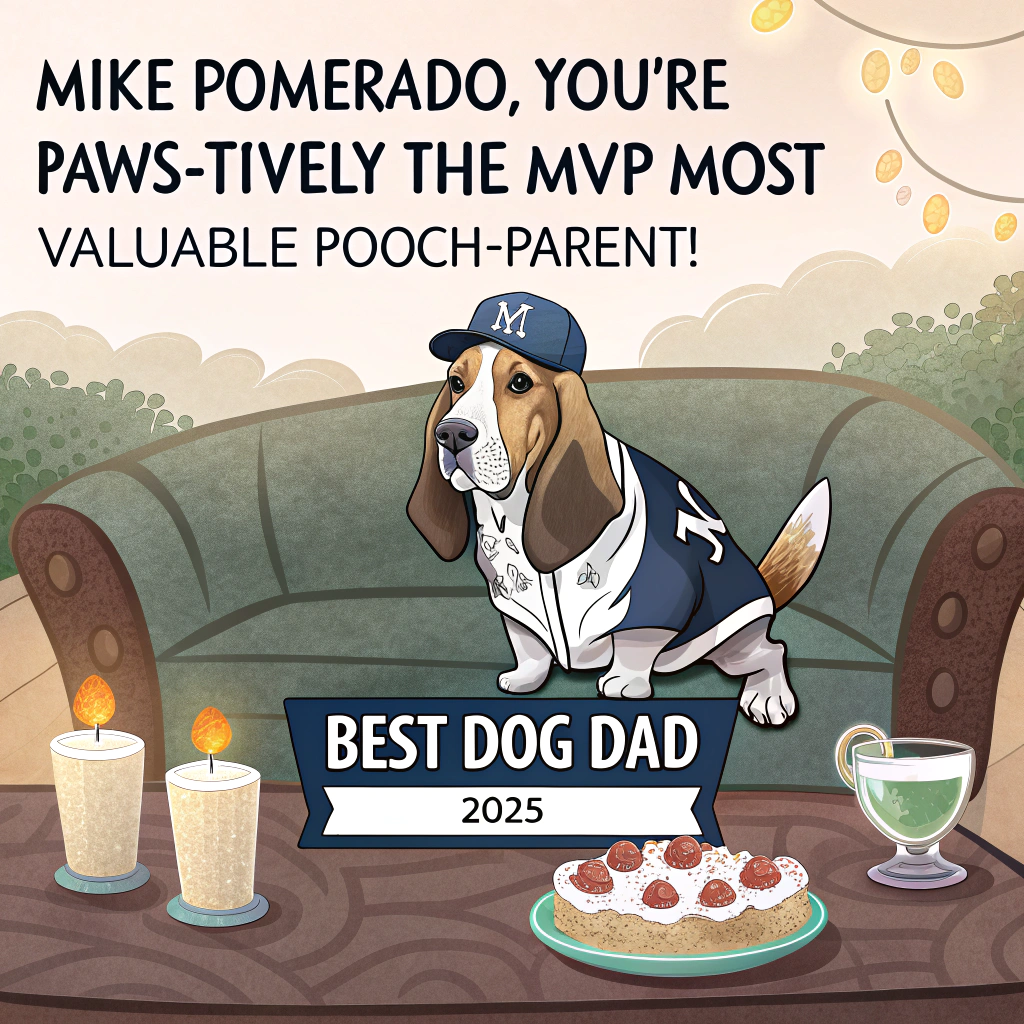 A basset hound in yankees gear, with a birthday cake that reads "best dog dad 2025" Birthday Card