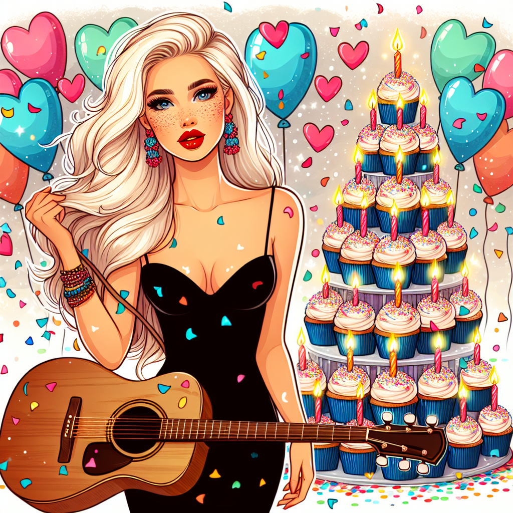 We are at a festive birthday celebration where a slender blonde woman with signature red lipstick is the centerpiece of the illustration. This pop-star is elegantly holding a guitar amidst a sea of multicoloured confetti. The backdrop features an enchanting cupcake tower, with each cupcake capped off by a brightly glowing candle. Cartoon hearts are floating whimsically in the air around the woman, adding a feeling of affection to the lively atmosphere.
Generated with these themes: Taylor swift .
Made with ❤️ by AI.