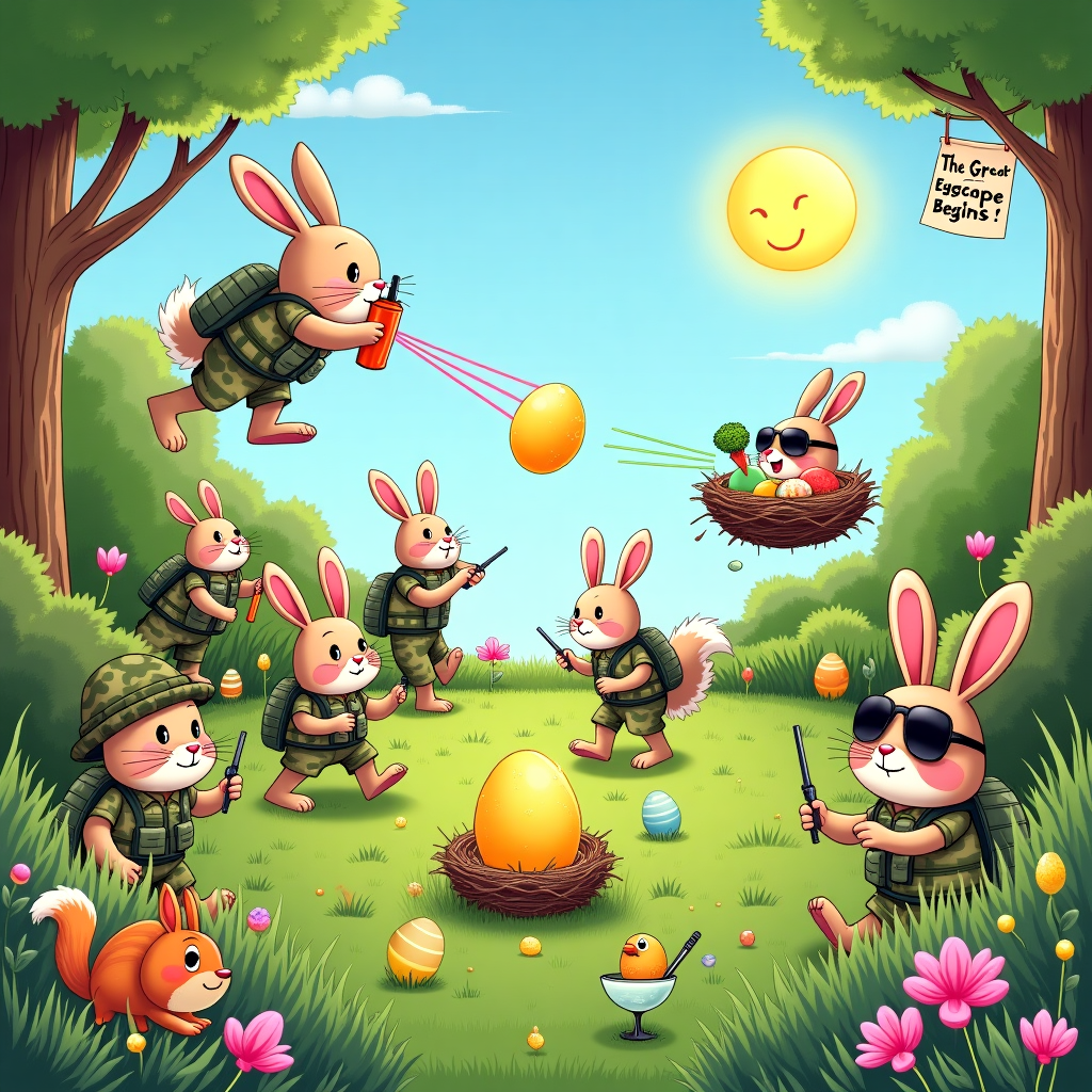 At the top of the illustration image, “Hoppy Egg-Hunting, Laca, Dooley & Levy Families!”

A slapstick Easter scene unfolds in a vibrant spring meadow. Bunnies dressed like tactical egg-hunters in camouflage gear (complete with carrot walkie-talkies) sneak around bushes, trees, and tall grass. One rabbit hangs upside-down from a branch Mission Impossible–style, aiming for a spotted egg below, while another fumbles an egg into a nearby duck's nest. Chickens wearing sunglasses guard a golden egg under laser beams, looking suspiciously high-tech. Kids with bunny ears giggle from behind bushes, spotting decoy chocolate eggs filled with broccoli. Birds in nests overhead hold signs that read, "Wrong egg, genius!" and "Keep it crackin'!" Lush greenery and candy-colored flowers surround the scene, with hidden eggs poking from odd places—one peeks from a squirrel’s backpack, another floats in a lemonade glass. The sun smiles cheekily behind sunglasses, and a flying banner in the sky reads “The Great Eggscape Begins!” in scrambled letters.
Generated with these themes: Hunting easter eggs, and .
Made with ❤️ by AI.