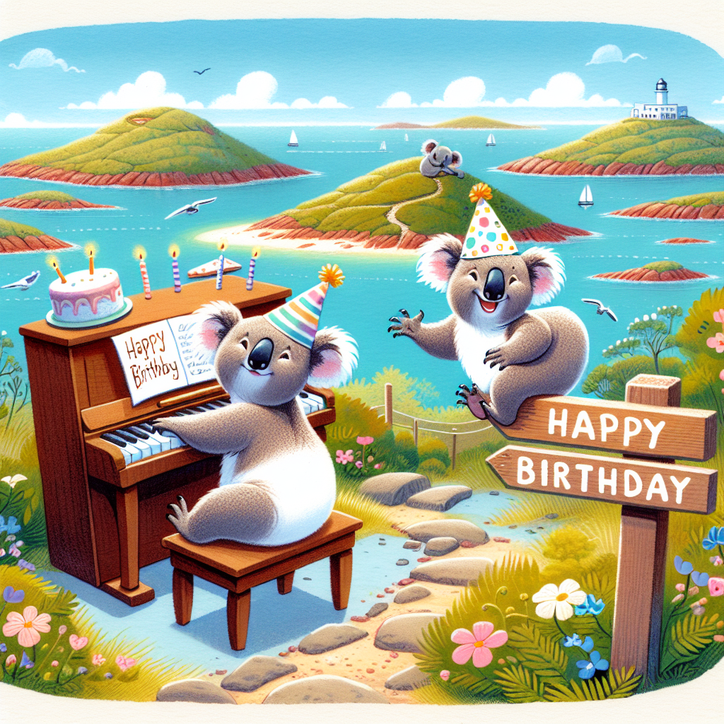 A playful illustration of charming koalas celebrating a birthday on the Isles of Scilly. One adorable koala, donning a petite party hat, gleefully plays the tune 'Happy Birthday' on a grand piano, which is conveniently placed on a small, flower-laden islet. Another koala, wearing a crown of confusion, curiously navigates a trail marked by a signpost reading 'Toilets', all within the panoramic view of this breathtakingly beautiful archipelago.
Generated with these themes: Koalas , Going to toilet often, Piano, and Ilses of Scilly.
Made with ❤️ by AI.