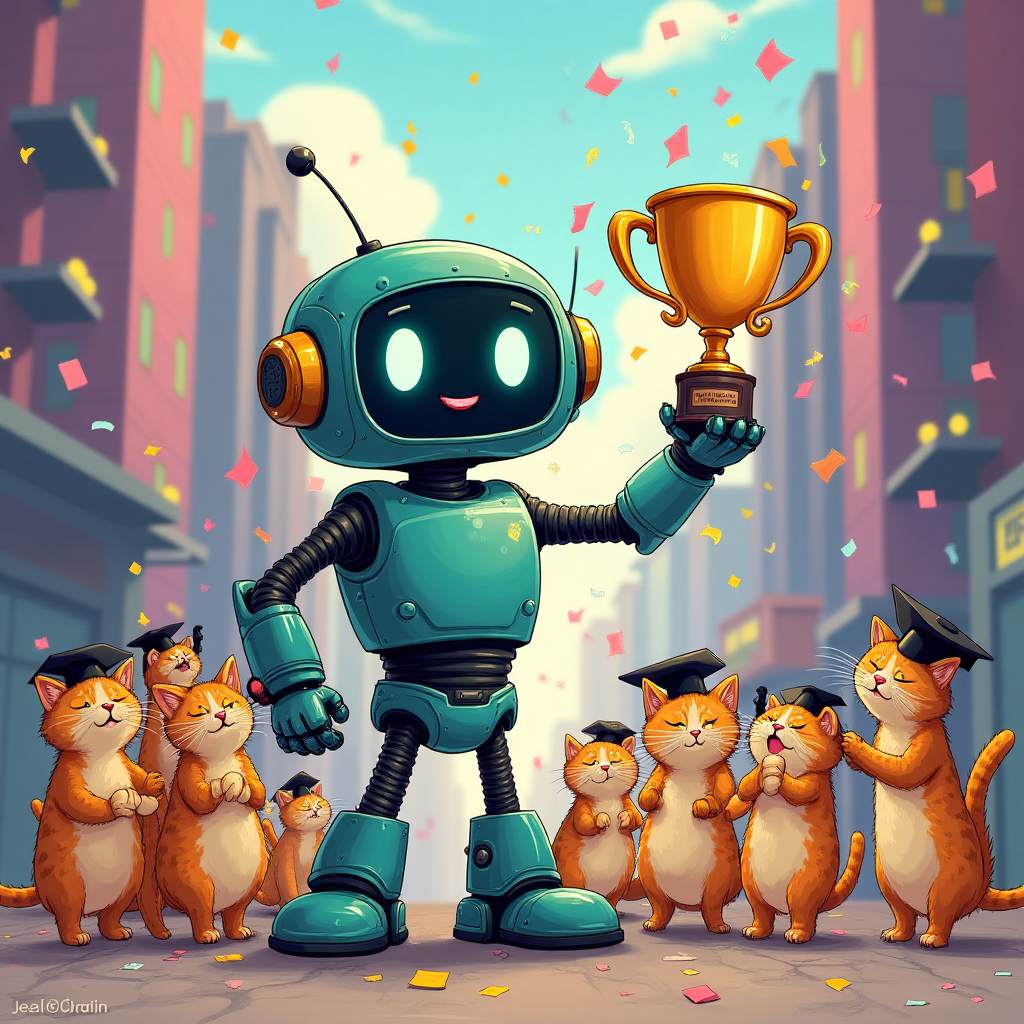 ### Prompt for Image

At the top of the Illustration Style image, include the text: **CONGRATS AMY!**

Create a whimsical scene featuring a cheerful robot holding a golden trophy. Surround the robot with a group of animated cats, each wearing tiny graduation caps and throwing colorful confetti into the air. The cats display a range of quirky expressions, from astonishment to playful curiosity. The background is a futuristic, vibrant cityscape with tall buildings and neon lights. A small text caption on the trophy reads: "You’ve Paws-itively Achieved It!" Use a hand-drawn illustration style with fine linework and textured brush strokes, focusing on a warm, expressive color palette to evoke a sense of celebration and humor.
Generated with these themes: Robots , Cats, Animation, and .
Made with ❤️ by AI.