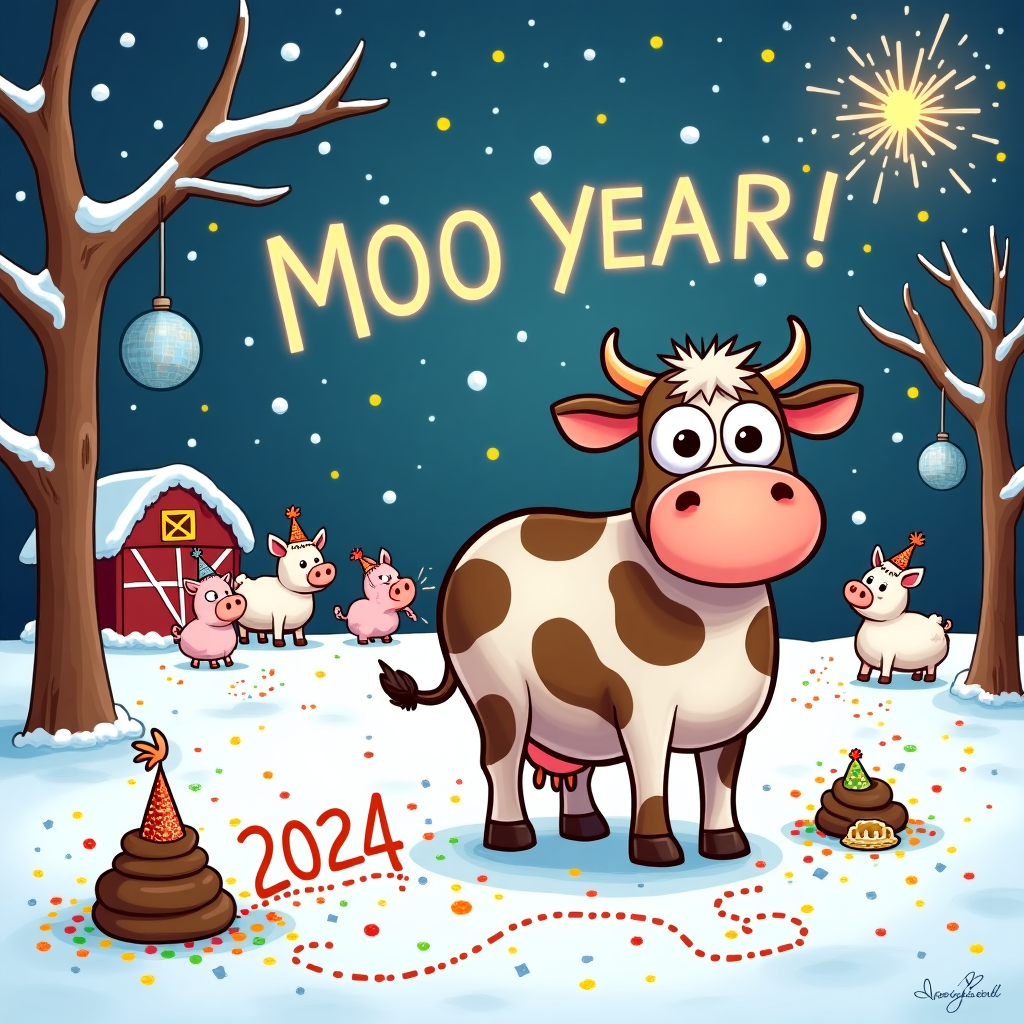 At the top of the illustration image: "To All – Happy Moo Year... Hope it’s Udderly Unforgettable!"

**Image Prompt:**  
A cheerful cartoon-style illustration set in a snowy winter farm scene at midnight. In the foreground, a goofy, wide-eyed cow is letting loose — one side of the cow is peeing in the snow, the stream hilariously spelling out “2024”, while on the other end, it’s dropping a festive poop shaped like a party hat (complete with sparkles and a tiny horn sticking out). Behind the cow, a group of other barn animals are celebrating — pigs wearing glittery hats, chickens tossing confetti, and a sheep trying to light a sparkler. A disco ball dangles from a frozen tree branch. Fireworks explode in the sky, spelling “Moo Year!” in bright lights. Everything is joyful, silly, and slightly outrageous — perfect for a giggle-filled New Year greeting.
Generated with these themes: Cow pees and poops.
Made with ❤️ by AI.