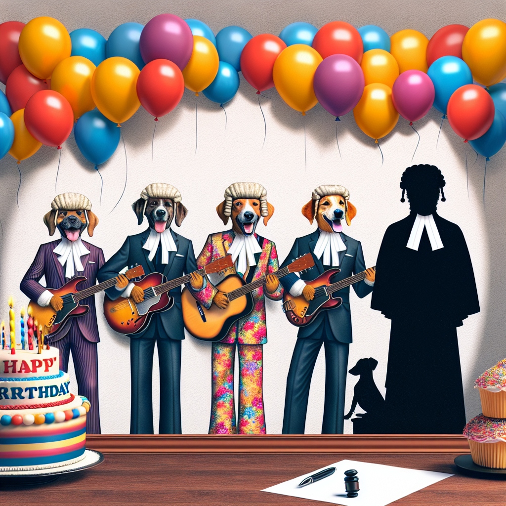 A whimsical birthday illustration showcases a cheerful group of dogs, each adorned in iconic Beatles attire, surrounded by a festivity of colorful balloons and birthday cakes. The canine quartet is strumming guitars and serenading, while in the background, the silhouette of a court scene alludes subtly to a legal profession, perhaps with a dog dressed in a lawyer's robe and wig presiding over a playful mock trial.
Generated with these themes: Beatles, Playing guitar , Dogs, and Being a lawyer.
Made with ❤️ by AI.