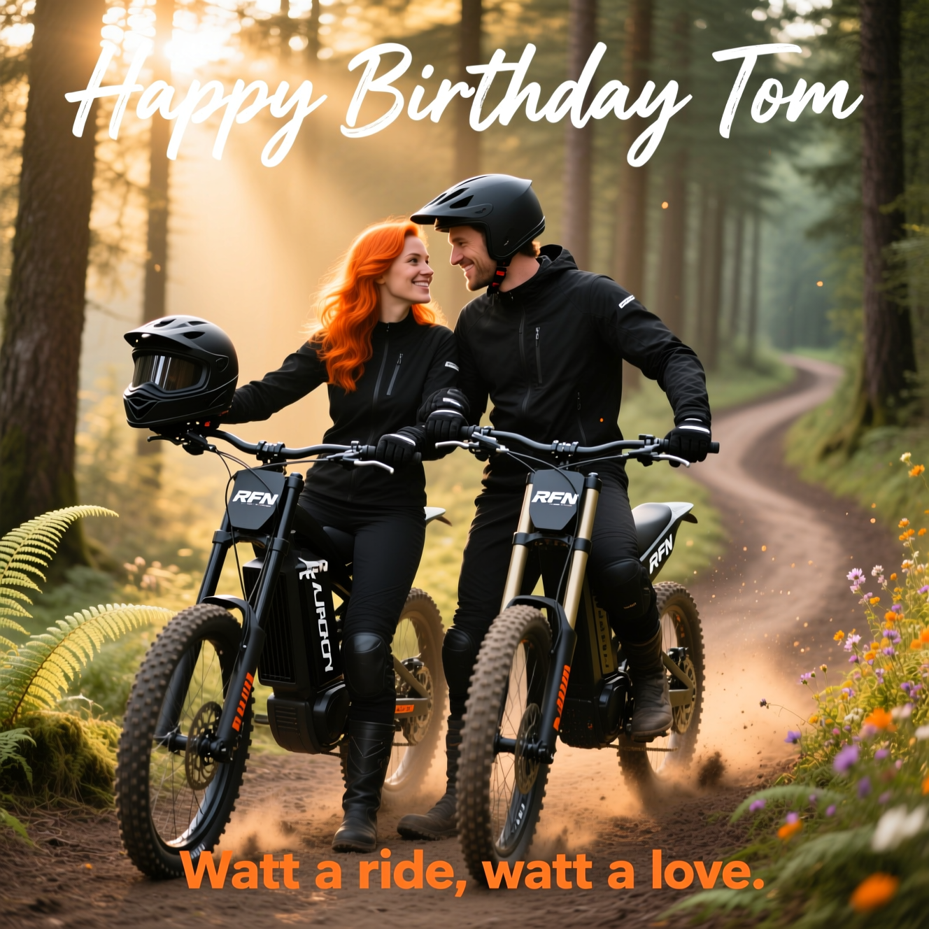 Electric dirt bikes, RFN Rally Pro, Dressing in black , Wife with orange hair, Riding on natural trails, and Birthday Card