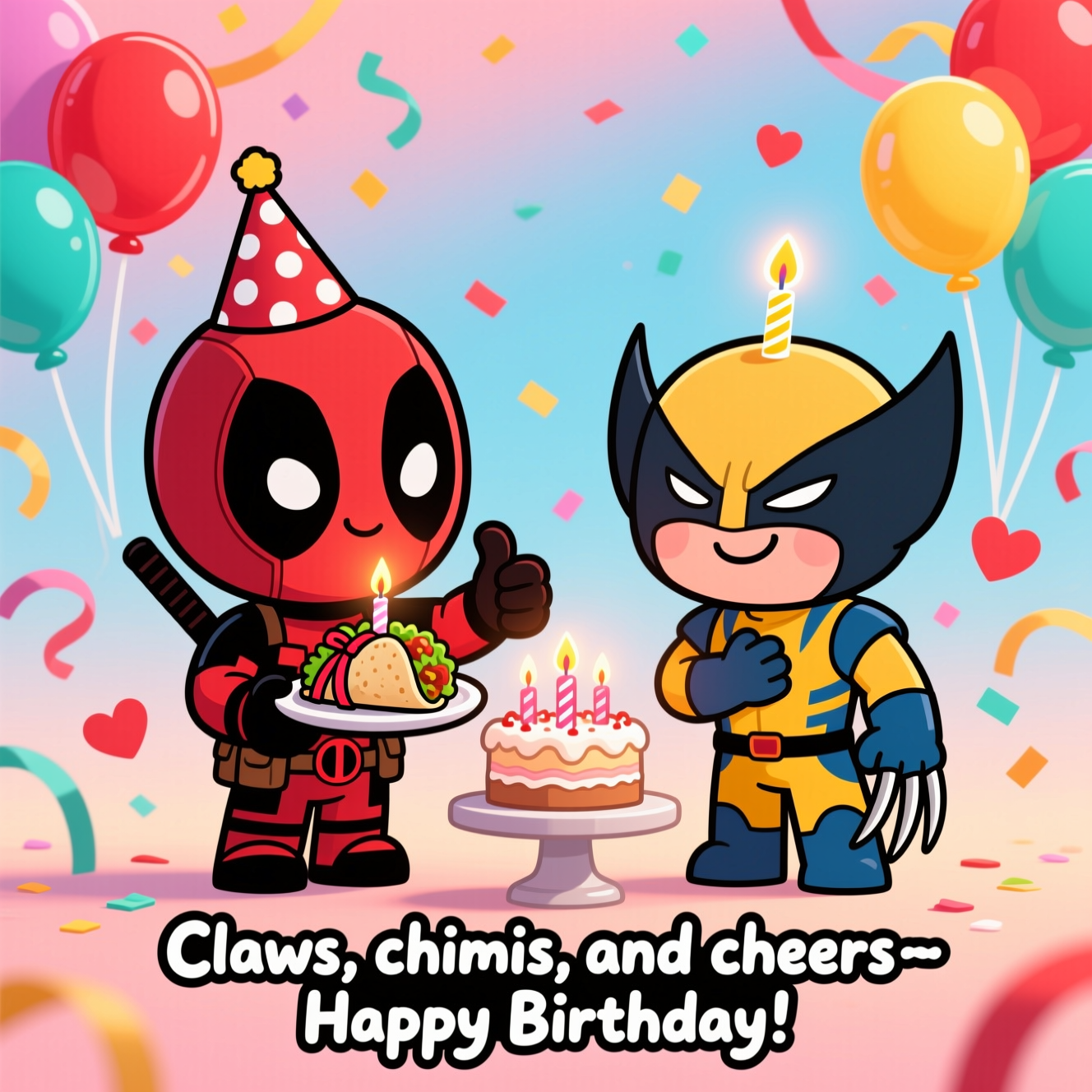 Cartoon style, sincere birthday scene featuring Deadpool and Wolverine, chibi proportions with oversized heads and expressive eyes, thick black outlines, bright saturated colors, whimsical, energetic poses. Deadpool in his red-and-black suit wearing a tiny polka-dot party hat, offering a plate of ribbon-tied chimichangas with a lit candle, giving a warm thumbs-up. Beside him, Wolverine in his classic yellow-and-blue suit, smiling softly with one hand over his heart; his claws are extended but topped with safe, glowing birthday candle caps (playful, non-threatening). Between them sits a small frosted cake on a pedestal with sparkling candles. Background: pastel gradient (peach to sky blue) filled with confetti swirls, streamers, and clusters of red, yellow, and teal balloons; a few heart-shaped confetti pieces for warmth. Lighting is soft, warm studio bounce with gentle rim highlights; cel shading, glossy highlights, minimal texture. Composition: portrait, large central characters, generous negative space above for balloons; family-friendly, sincere, celebratory; no violence or weapons aside from the playful candle-topped claws. In-image text (one short line) at the bottom center in rounded hand-lettered bubble type, white fill with black outline for readability: “Claws, chimis, and cheers—Happy Birthday!”
Generated with these themes: Deadpool, Wolverine, and .
Made with ❤️ by AI.