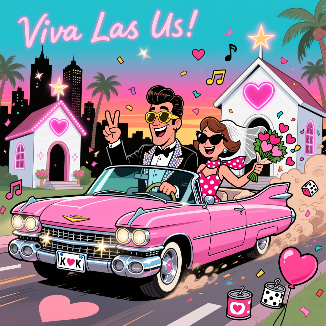 Playful cartoon scene with exaggerated proportions, thick black outlines, and bright, saturated colors. Konstantin and Kirsty zoom away from a tiny white Las Vegas wedding chapel in a gleaming Elvis-pink Cadillac convertible with oversized tailfins and sparkling chrome starburst glints. The car barrels diagonally out of the scene, wheels kicking up a heart-shaped dust cloud, motion lines whooshing, and confetti shaped like hearts, dice, and tiny music notes swirling behind. Konstantin (tall, pompadour quiff, gold aviator shades, cheeky grin, rhinestone-trimmed tux jacket) has one hand on the wheel, the other tossing a peace sign; Kirsty (cat-eye sunglasses, short veil fluttering, bright mini dress with a polka-dot scarf) leans joyfully out, holding a bouquet that sprays cartoon hearts. In the background: the little white chapel with a glowing pink neon heart outline (no words), a stylized Las Vegas skyline silhouette with glittery starbursts and palm fronds, and a sunset-to-neon sky gradient (turquoise to magenta). Tin cans and heart-shaped balloons bounce from the bumper; license plate shows a simple “K ♥ K” symbol (no text words). Cel-shaded, energetic, whimsical, and funny. Add a single small, playful hand-lettered caption floating in the sky: “Viva Las Us!” Only include that one line of text. Portrait orientation, large image focus, crisp clean lines.
Generated with these themes: Konstantin & Kirsty cruise off from a little white Las Vegas chapel in a shiny Elvis-pink Cadillac, and .
Made with ❤️ by AI.