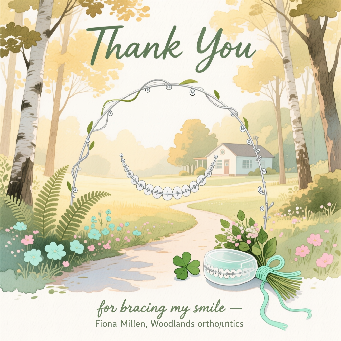 At the top of the Watercolor Style image, “Thank You”

A serene watercolor woodland glade at golden morning, soft wet-on-wet washes and delicate gradients creating dappled light through slender birch and oak. In the center, a graceful, smile-shaped arch formed by a fine silver “archwire” vine with tiny dew-drop brackets subtly hinting at orthodontic braces. Ferns and wildflowers in sage, mint, pale teal, and blush cluster along a gently curving path that echoes a dental arch. A translucent retainer case painted as a pale wash rests near clover; a thread of mint-green “floss” ribbon ties a small bouquet of leaves. The distant shape of a cozy clinic nestles among trees, suggested with soft edges, no hard lines. Natural cold-press paper texture visible; subtle pigment blooms around highlights, airy negative space, no heavy outlines.

Hand-lettered watercolor brush text: small, at the bottom, “for bracing my smile — Fiona Millen, Woodlands orthodontics”

Mood: sincere, calm, grateful. Gentle, organic painting feel, soft edges, harmonious composition, image-first with minimal text.
Generated with these themes: Orthodontist, Fiona Millen, Woodlands orthodontics, and .
Made with ❤️ by AI.