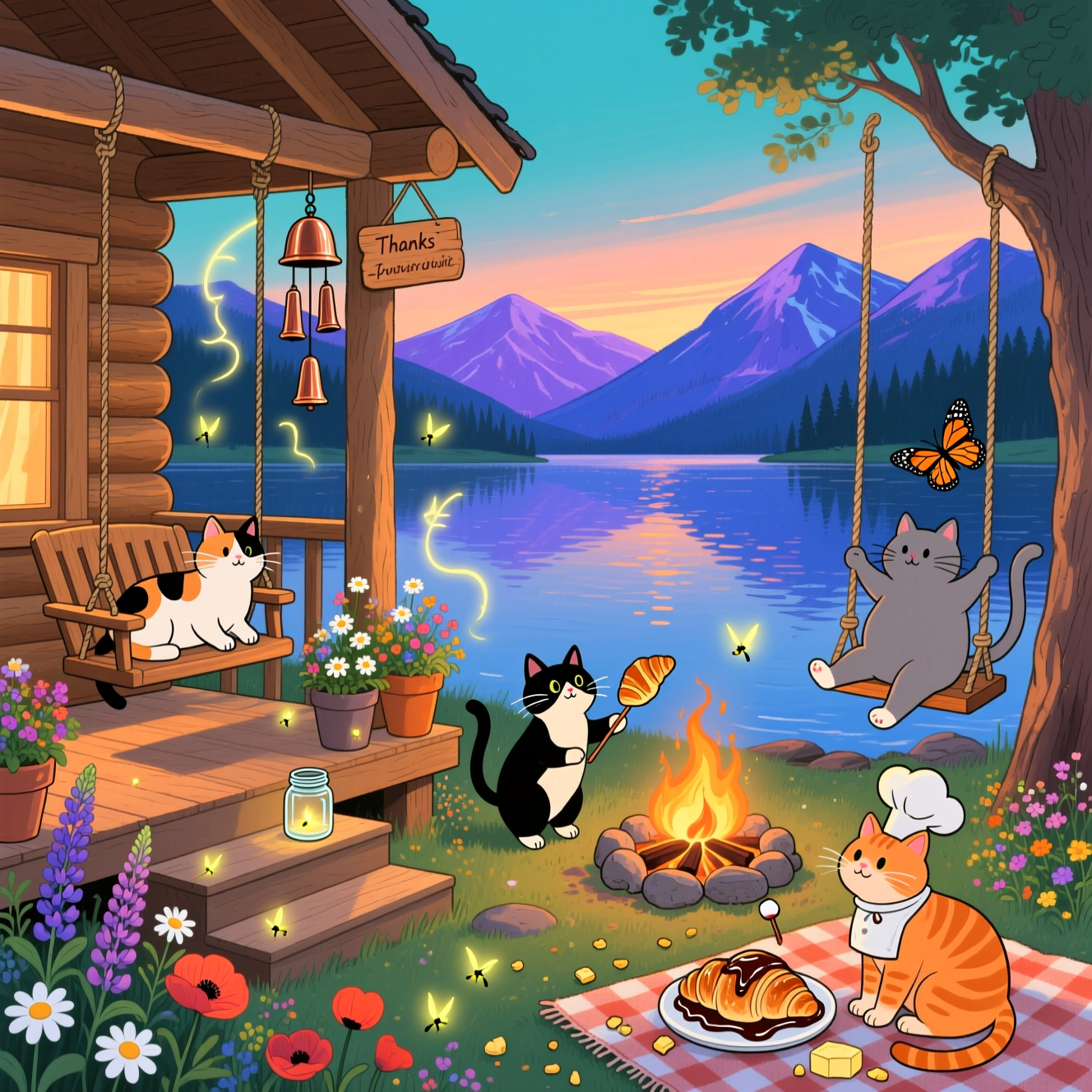Mountains, cats, cabin, lake, summer, wildflowers, lightning bugs, monarch butterflies, porch, swings, windchimes, campfire, croissants, chocolate, and Thank-you Card