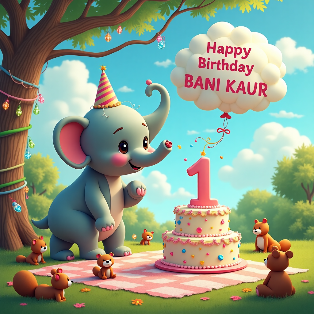 In the scene, imagine a whimsical, sun-drenched park that is bustling with playful energy, perfect for celebrating a First Birthday. In the foreground, a colorful picnic blanket is spread across the grass, dotted with scattered teddy bears and plush toys, hinting at a magical teddy bear picnic theme. In the center of this lively setup, there's a towering birthday cake shaped like a friendly elephant, balancing on one leg. The cake is intricately decorated with pastel icing and vibrant edible confetti. Perched on the elephant's trunk is a large, shiny balloon shaped like the number "1", swaying gently in the breeze.

Around the picnic blanket, toddlers in onesies are joyfully crawling and playing, while a trio of squirrels, with tiny party hats, are curiously observing the scene from a safe distance. Overhead, the sky is a vivid blue canvas, adorned with fluffy white clouds. One of the clouds has magically formed the words "Happy Birthday BANI KAUR", the letters appearing like they were sculpted by playful cherubs with cotton candy. Nearby, a row of tiny birds are carrying a shimmering ribbon in their beaks, which is weaving through the sky, complementing the cloud message.

Behind this enchanting tableau, a grand tree stands, its branches extending widely, and its leaves rustling with a gentle tune. Tied around its trunk are multicolored streamers, and hanging from the branches are sparkling lanterns that catch the light with every sway. In the tree’s shade, a small family of rabbits peeks out, their noses twitching with excitement at the lively celebration unfolding before them. This delightful blend of whimsy and realism makes it an unforgettable first birthday scene for "BANI KAUR."
Generated with these themes: First Birthday .
Made with ❤️ by AI.