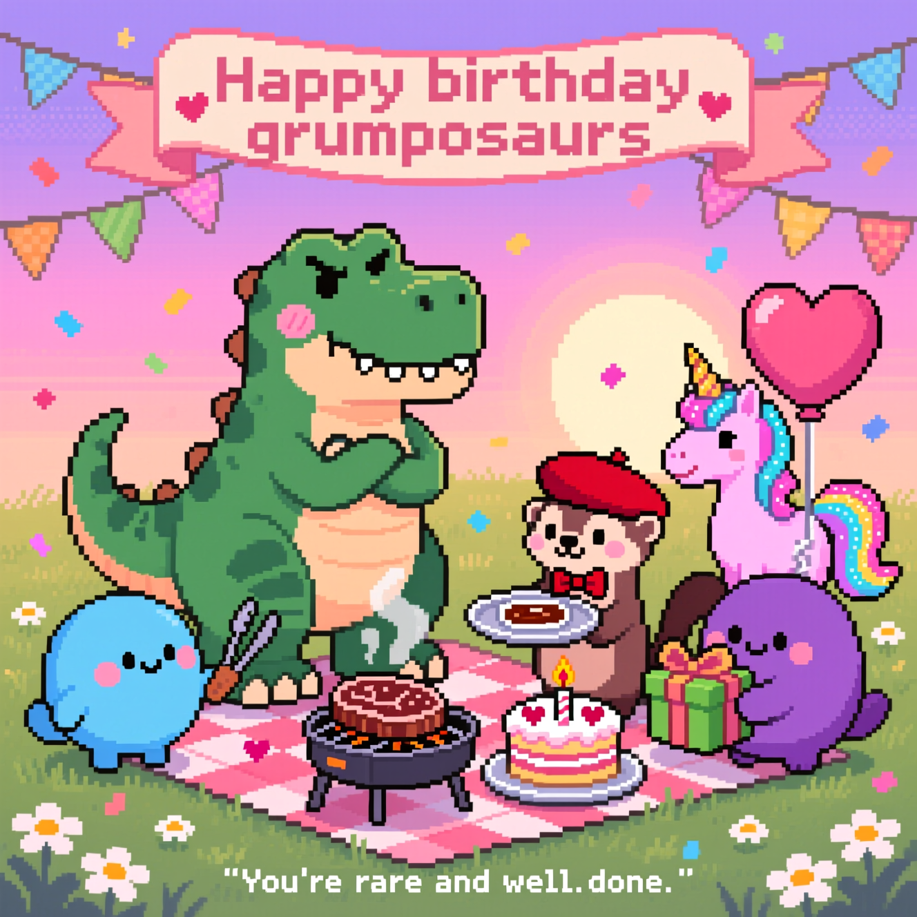 At the top of the Pixel Art Style image, Happy birthday grumposaurus

Crisp 8-bit pixel art, chunky square pixels, vibrant but limited palette, nostalgic video-game charm, portrait composition with a large, heartfelt scene. Center: a grumpy sage-green T-rex (arms crossed, tiny blush, soft eyes) standing on a checkered picnic blanket. In front, a sizzling steak “cake” on a tiny grill with a single candle and heart-shaped grill marks; gentle steam curls into little pixel hearts. To the left, Bubu (small, round, sky-blue critter) offers tongs with a shy smile; to the right, Dudu (small, round, plum-purple critter) presents a steak-wrapped gift with a bow. A fancy ferret wearing a red beret and a tiny bow tie proudly balances a silver tray of steak sauce; a pink unicorn with a shimmering pastel mane leans in kindly, holding a heart-shaped balloon. Background: warm dusk-pink to lilac dithered gradient sky, soft sun halo behind the dino, string bunting and floating pixel confetti, little daisies in the grass. Clean 1px outlines, dithered shading, big expressive sprites, sincere and cozy mood. Render the top text on a curved pixel ribbon banner. At the bottom, add a tiny pixel caption: “You’re rare and well-done.”
Generated with these themes: Steak, grumpy dinosaur, bubu, dudu, Fancy ferret with a barret , Pink unicorn, and .
Made with ❤️ by AI.