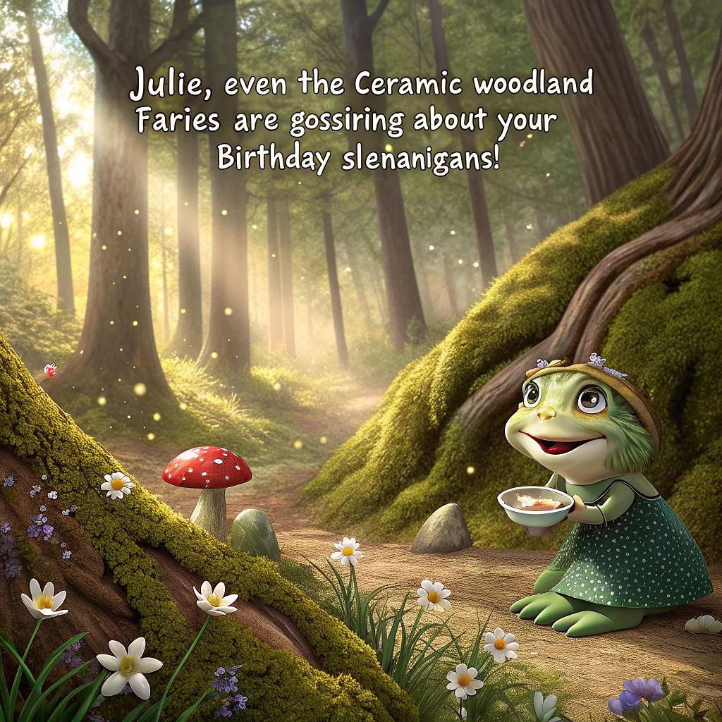 A ceramic fairy in a natural woodland background Birthday Card
