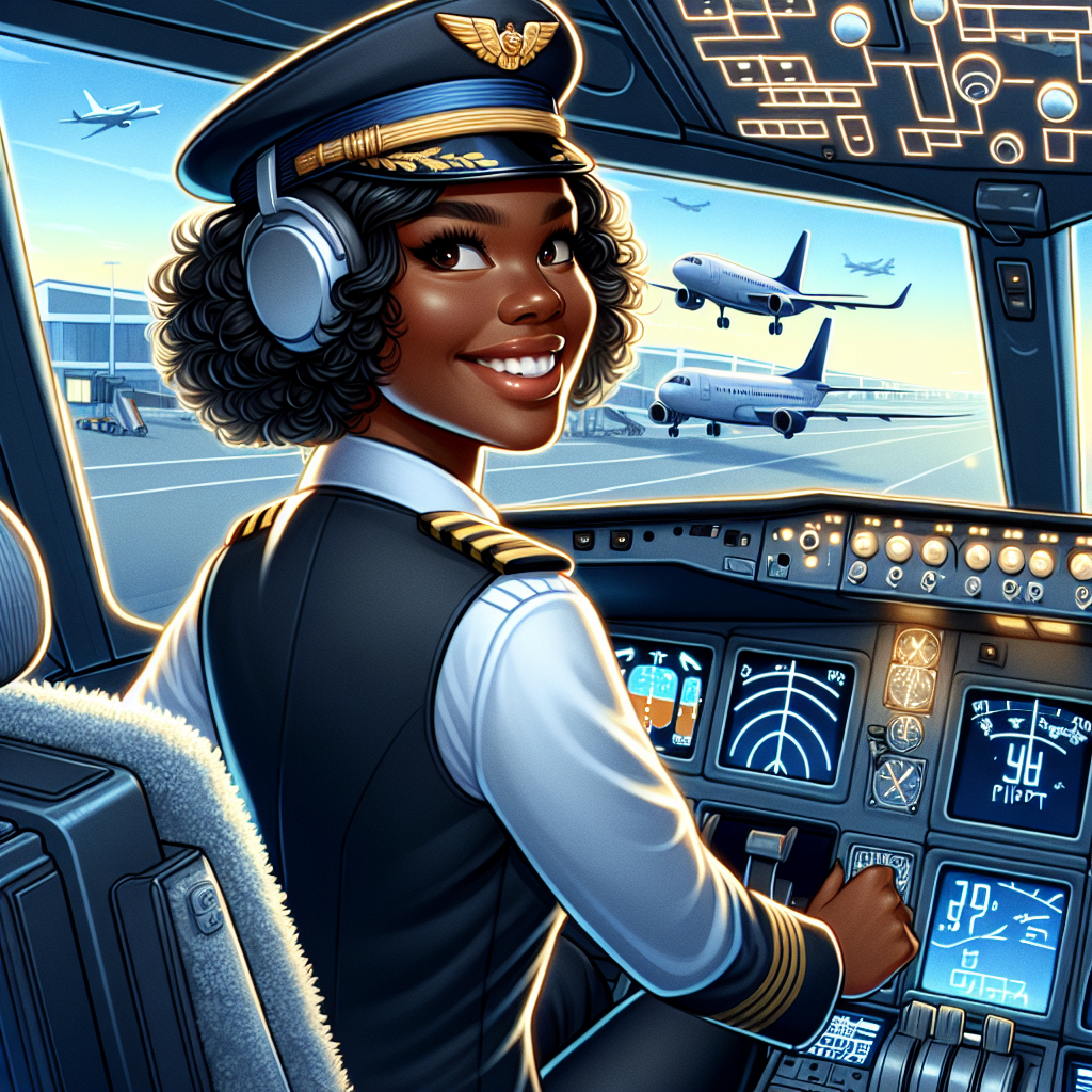 Visualize a delightful birthday illustration celebrating an African American young woman's 18th birthday with an aviation theme, paying homage to her future aspiration of becoming an airline pilot. She is seen in the cockpit radiating confidence, hands poised on the controls, smiling as she gazes into the sky. Her wardrobe consists of a meticulously tailored airline pilot uniform, representing her dedication to her upcoming occupation. Through the cockpit's rear window, visualize an active airport landscape with airplanes taking off and landing, metaphorically indicating the adventures and voyages awaiting the aspiring pilot.
Generated with these themes: 18th birthday, Airline pilot, Daughter, Cockpit, Airline pilot outfit, and Airport.
Made with ❤️ by AI.