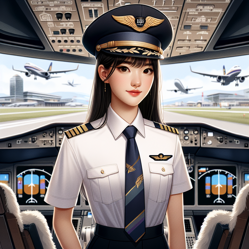 Create a detailed image representing an 18th birthday celebration with an aviation theme. At the heart of the image should be a young woman, Asian in descent, who aspires to be an airline pilot. She's dressed in a neatly ironed airline pilot uniform, adorned with pilot wings, a distinguishable hat, and a tie indicating her passion for the role. Her surroundings include a meticulously designed cockpit in the foreground, symbolizing her future career. The background is a bustling airport depicting planes taking off, symbolizing the heights she will achieve in her dream career.
Generated with these themes: 18th birthday, Airline pilot, Daughter, Cockpit, Airline pilot outfit, and Airport.
Made with ❤️ by AI.
