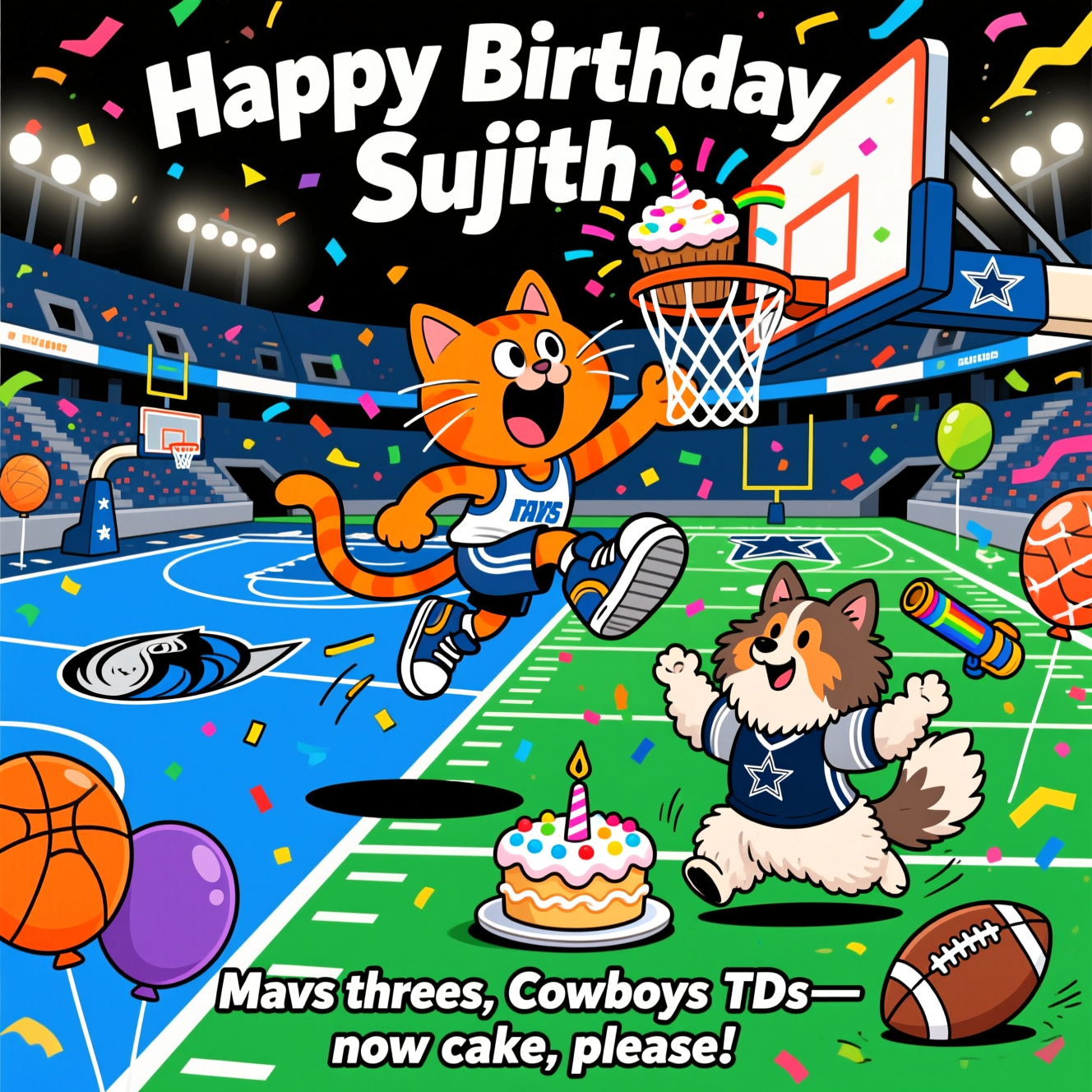 Dallas Cowboys, Dallas Mavericks, Orange Cat, Shetland Dog, and Birthday Card