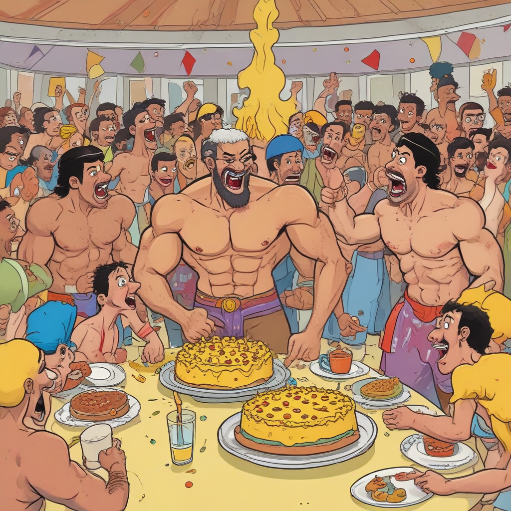 Cartoon Funny, Capture the exuberance of a lively birthday party with a comedic cartoon theme. Illustrate muscular, shirtless men, one of Middle-Eastern descent, another Hispanic and the third South Asian, displaying humorous expressions while ducking and dodging custard pies being thrown at each another. The spectacle intensifies with the frenzied pie fight; show the vivid, yellow custard splattering and sticking to bodies and faces. Amid this joyful pandemonium, depict a cheerful prank with gunge, adding an extra layer of vibrant and sticky fun to this unique celebration.
Generated with these themes: Shirtless hunks, custard pie fights, gunge.
Made with ❤️ by AI.