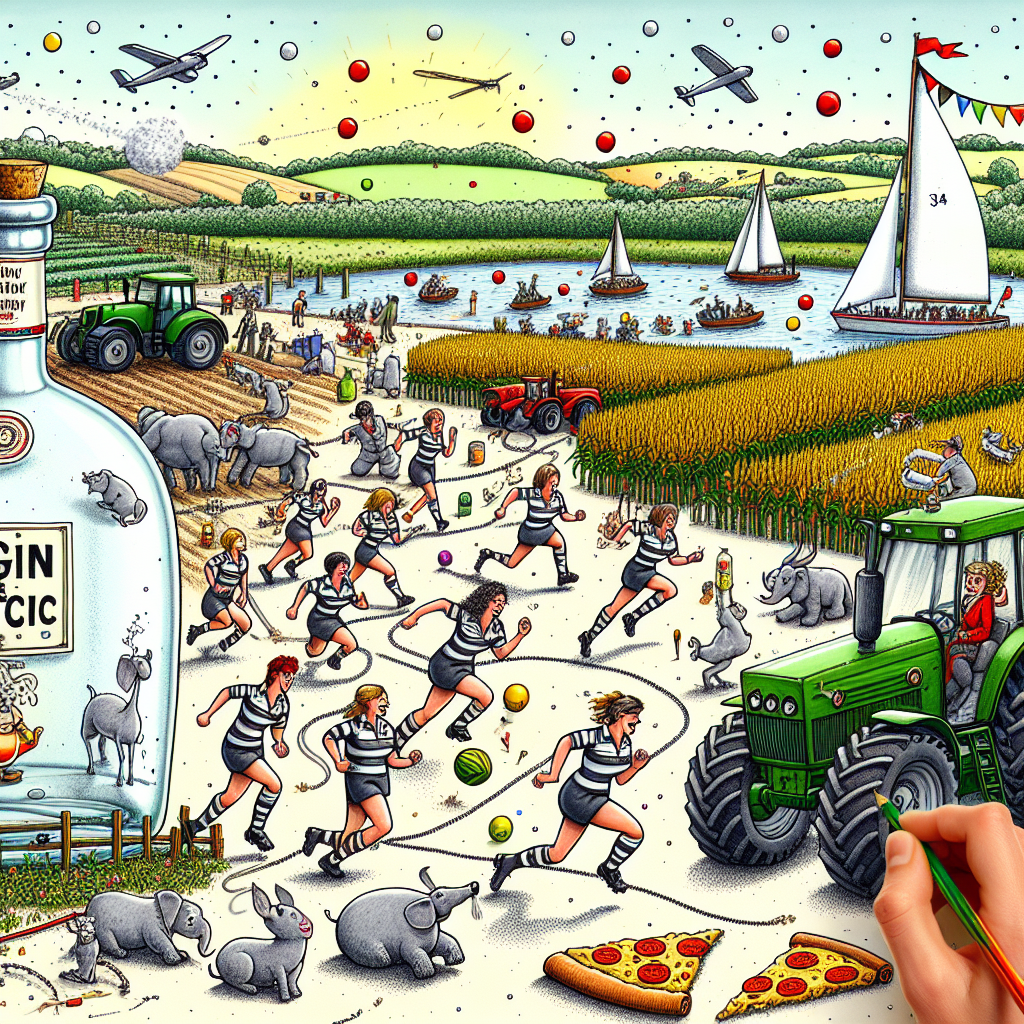 Draw a humorous and unique cartoon that displays a bustling farm with dotted tractors. In it, a birthday party is occurring where women in rugby uniforms are seen chasing after a ball, expertly avoiding the various barnyard animals and crop fields. A large sailboat with a festive banner is displayed sailing on a pond, emphasising the party's sailing theme. To one side, a witty depiction of an enormous gin and tonic bottle is being used as a centerpiece for the celebration, surrounded by candle-lit pizza slices. The overarching scene is filled with joy and whimsicality, perfect for a fun and unique birthday theme.
Generated with these themes: Women’s rugby, Tractors, Farming, Sailing, Gin and tonic, and Pizza.
Made with ❤️ by AI.
